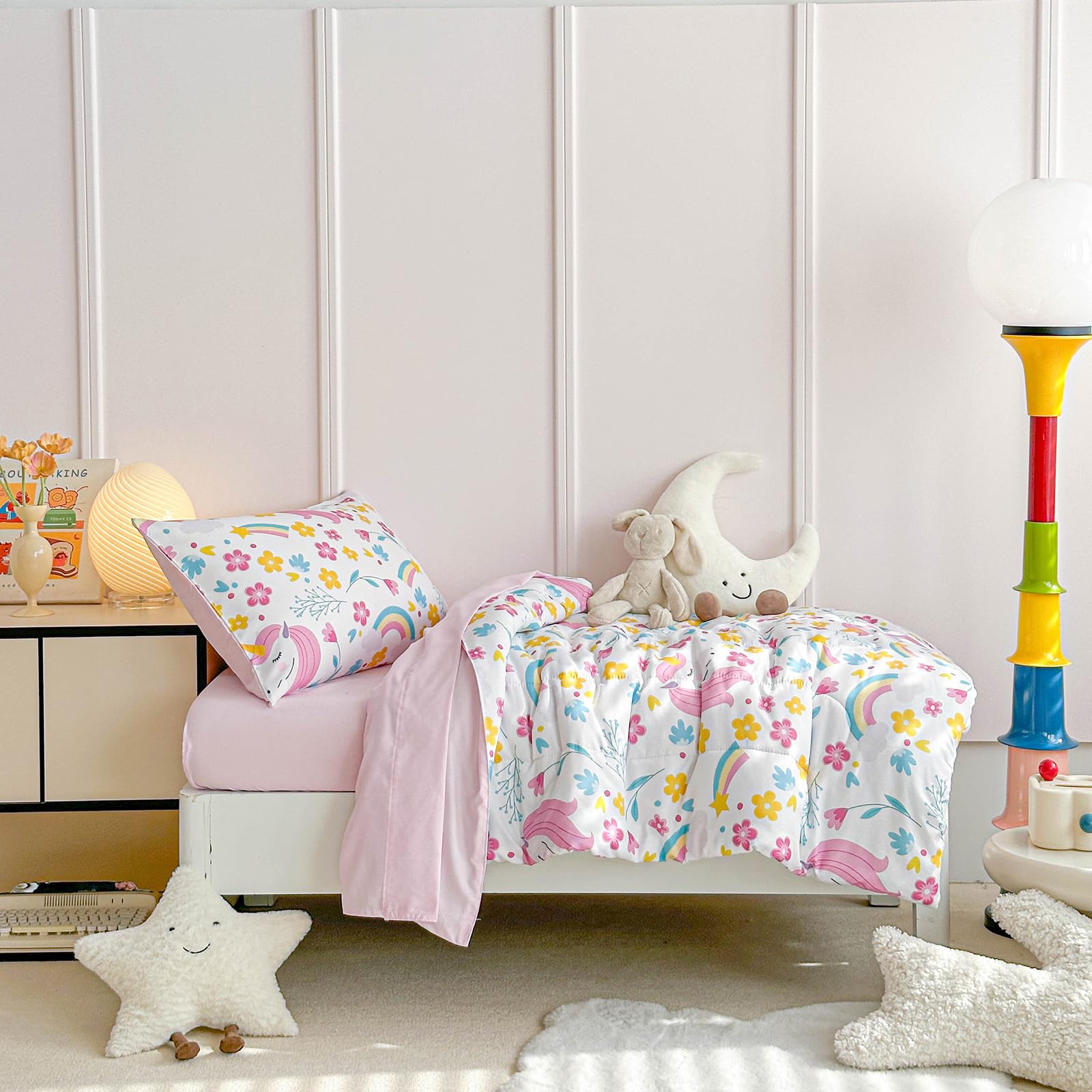 **Unicorn Toddler Bedding Set for Girls - 4PC Light Pink Floral Rainbow Princess Bed Set with Soft Blue Yellow Sheets & Pillow Shams | Cute Nursery Decor for Toddler Beds & Kids Rooms**