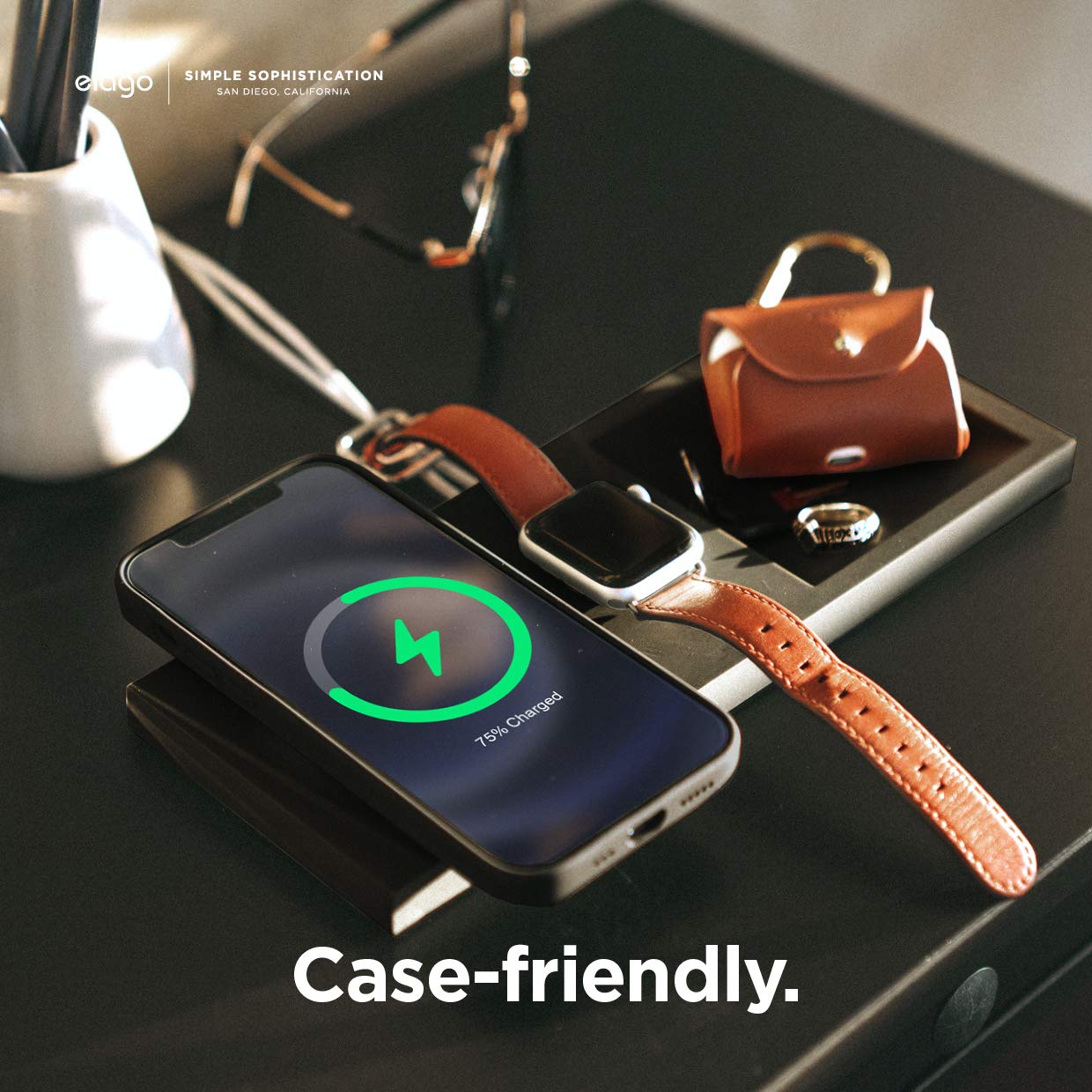 elago MagSafe Charging Tray Duo - Wireless Charging Stand for iPhone 16/15/14/13/12 & Apple Watch | Compatible with AirPods Case (Black) | Nightstand Organizer & Desktop Charging Station | Cable Not Included