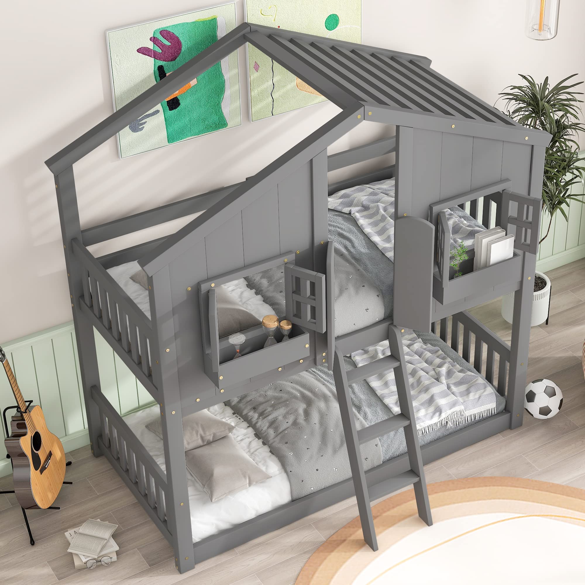 MERITLINE Twin Over Twin Wooden House Bunk Bed with Roof, Window, Window Box & Door - Grey Kids Bunk Bed for Boys, Girls & Teens | Perfect for Small Bedrooms, Shared Kids Rooms & Space-Saving Sleep Solutions