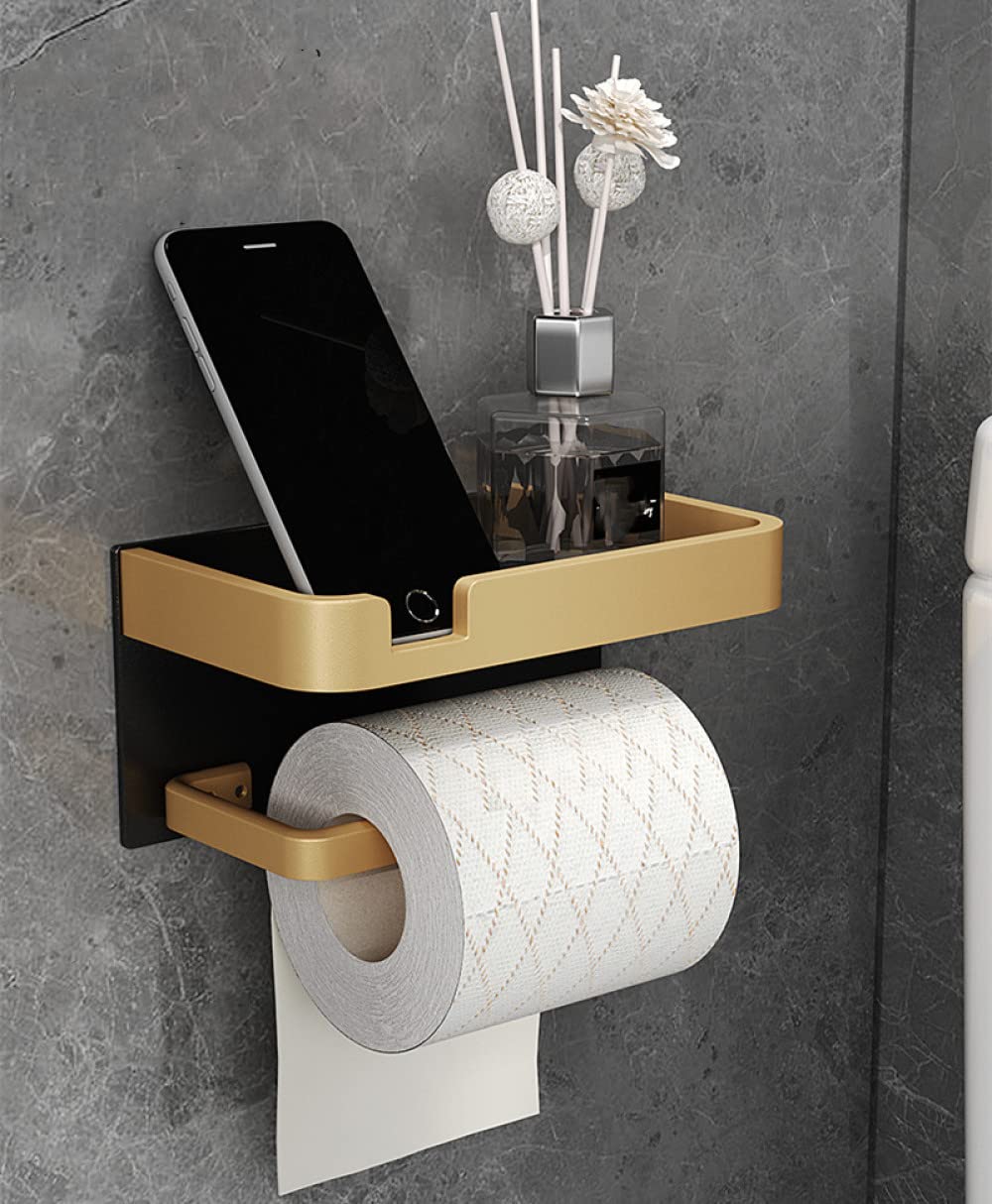Premium Aluminum Bathroom Paper Holder & Phone Shelf - Black & Gold Toilet Paper Roll & Tissue Box Organizer - Space-Saving Towel Rack for Modern Bathrooms - Perfect for Small Bathrooms & Powder Rooms (Style B1)