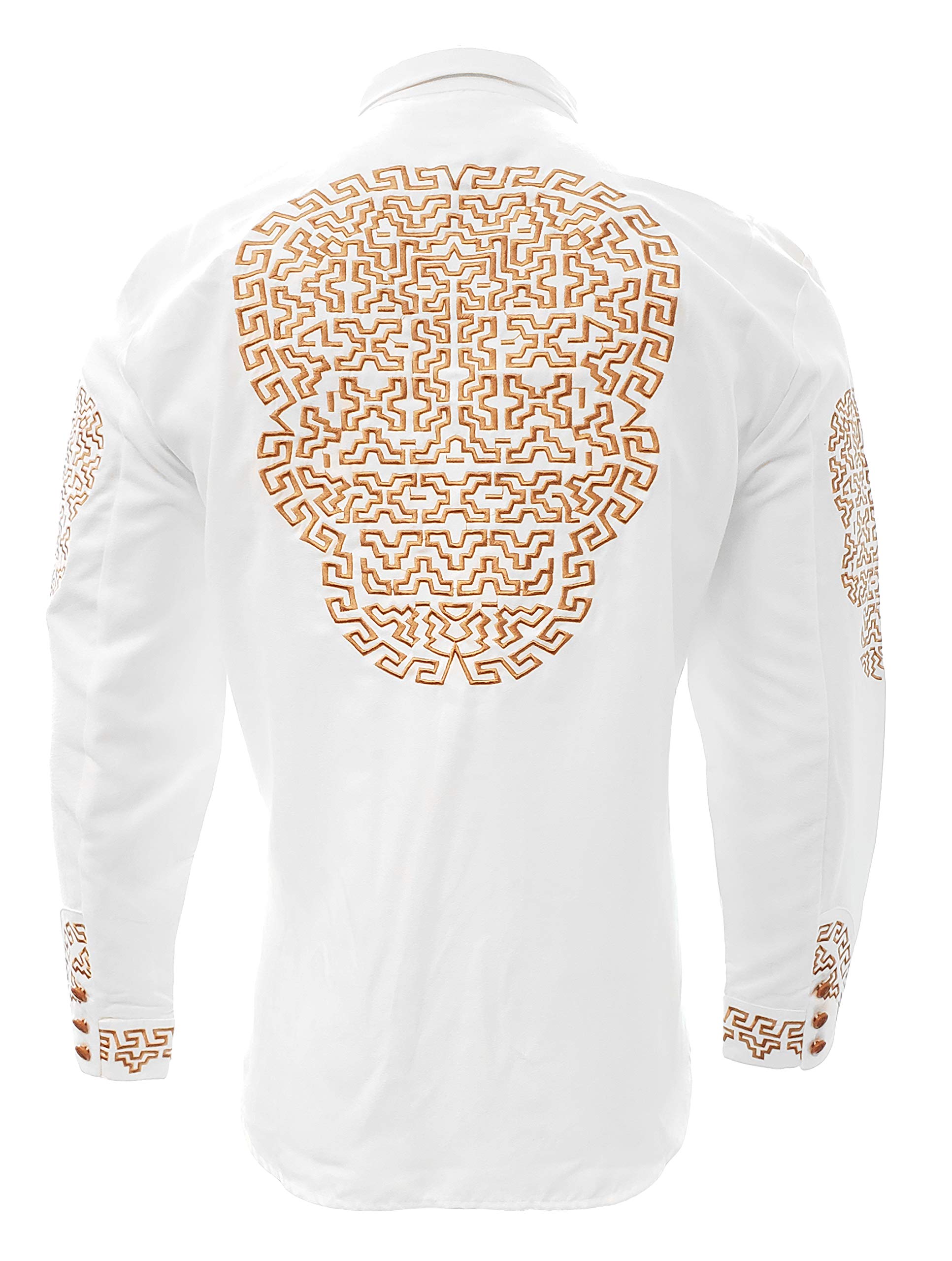 Authentic Mexican Men's Charro Shirt - Elegant White & Gold Embroidered Guayabera for Weddings, Fiestas & Special Occasions