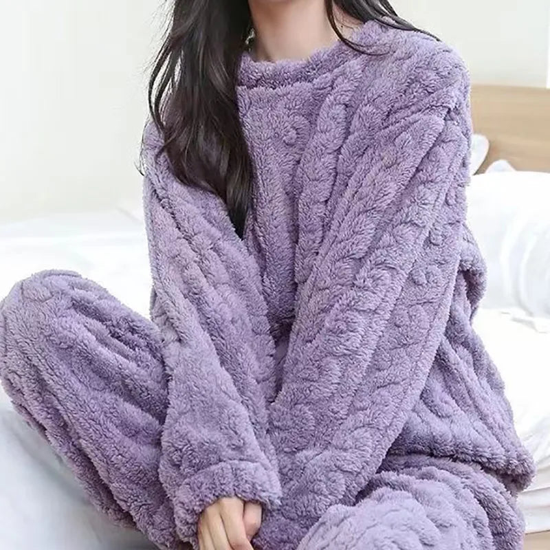 Women's 2-Piece Fleece Pajama Set - Soft Velvet Ribbed Pullover & Pants for Fall/Winter | Cozy Casual Loungewear for Home, Sleep & Relaxation
