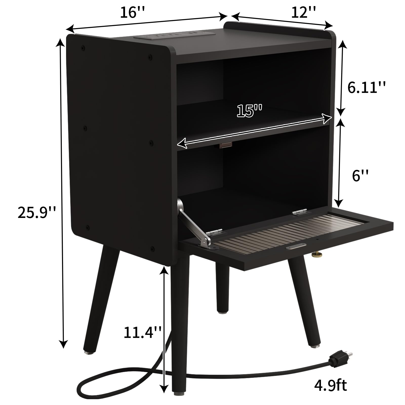Mid Century Modern Nightstand with USB Charging Station - Bedside Table with Glass Decorative Door & 2-Tier Storage - End Table for Bedroom, Living Room, Office - Black Wood Nightstand for Phone Charging & Home Decor