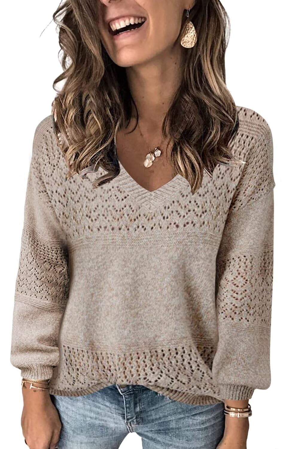 FEKOAFE Women's V-Neck Long Sleeve Hollow Knit Sweater - 2025 Fall Fashion Pullover for Women | Casual Office Wear & Autumn Layering