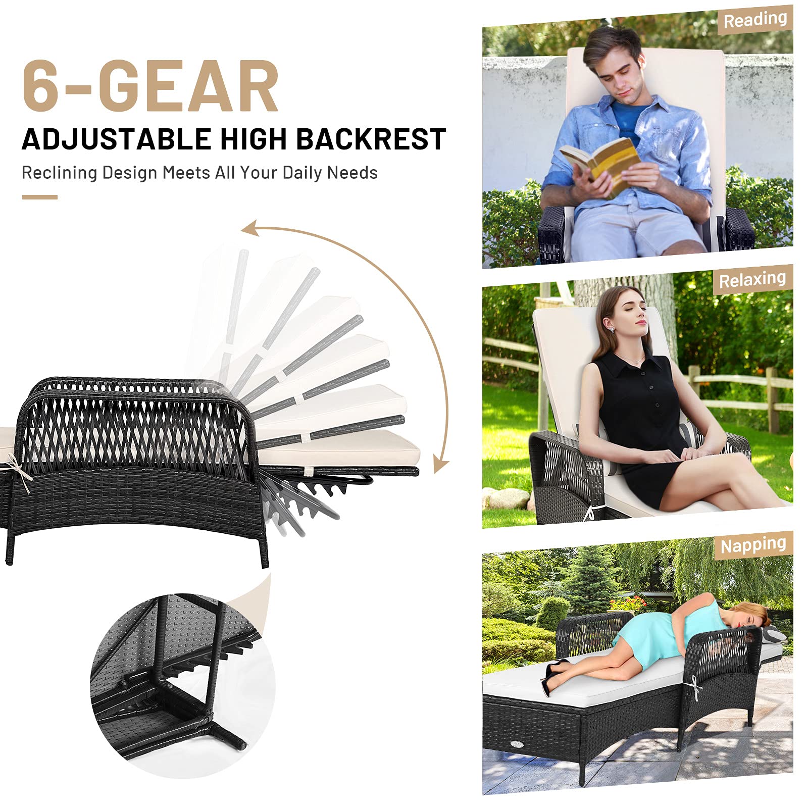 RELAX4LIFE Outdoor PE Rattan Chaise Lounge Chair with Thick Cushion & Lumbar Pillow - 6-Position Adjustable Recliner, Non-Slip Feet - Perfect for Patio, Poolside, Garden, Beach Sunbathing & Backyard Relaxation