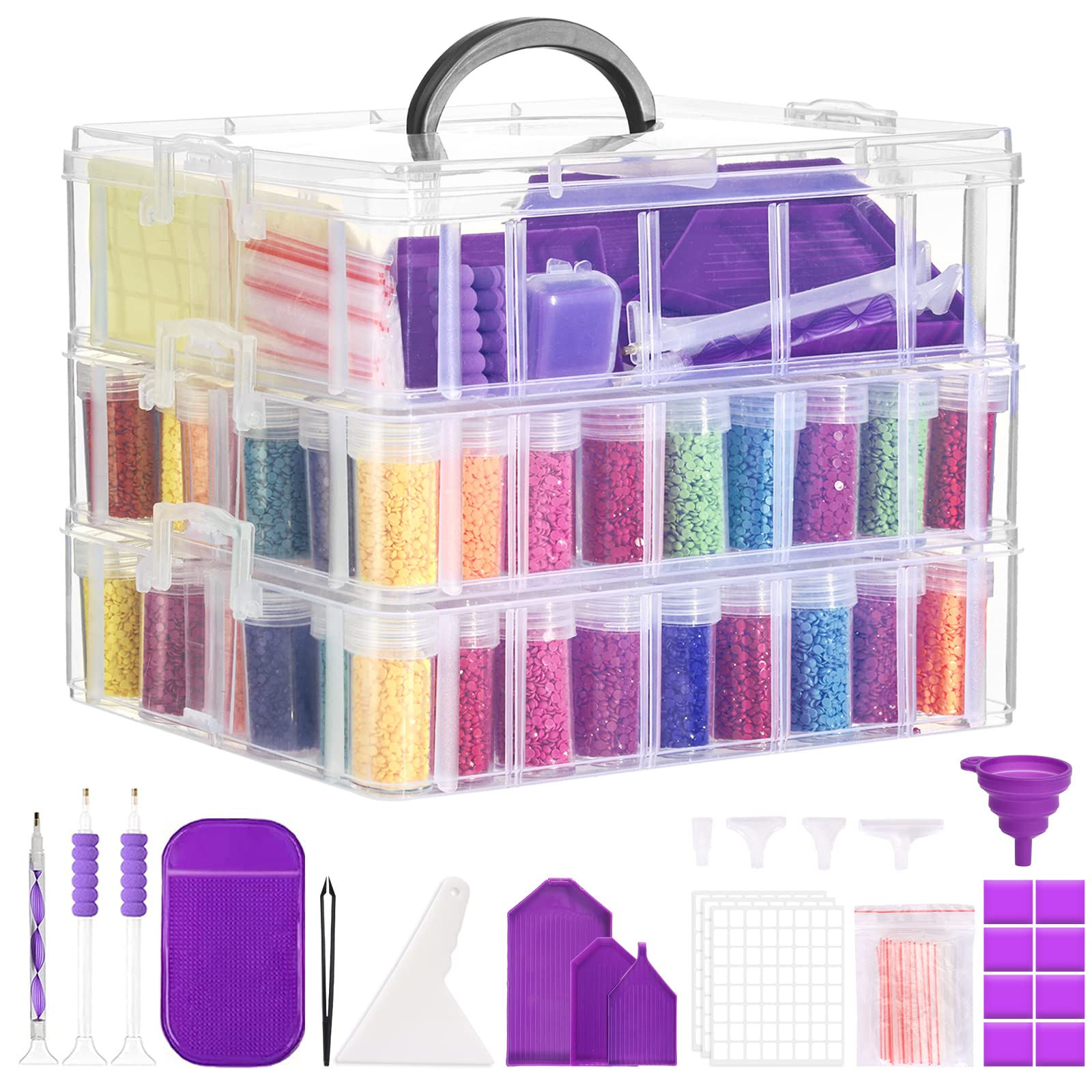 QUEFE 3-Tier Clear Stackable Diamond Painting Storage Box - 100 Slot Bead Organizer with Accessories for DIY Art Crafts, Jewelry Making & Bead Storage | Perfect for Home Decor, Gift Wrapping & Craft Room Organization