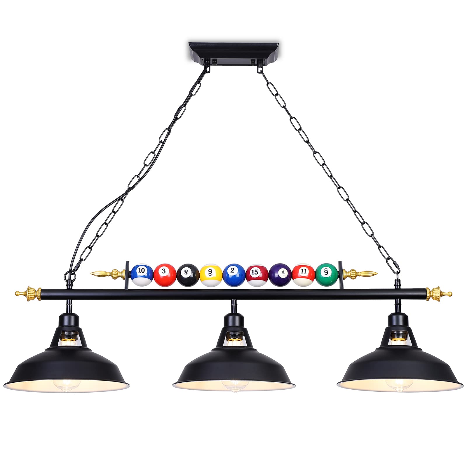 3-Light Billiard Pool Table Hanging Light Fixture - Black Matte Metal Shades with Billiard Ball Decor - Perfect for Game Rooms, Snooker Tables & Kitchen Islands - Ideal Lighting for Billiards, Bars & Man Caves