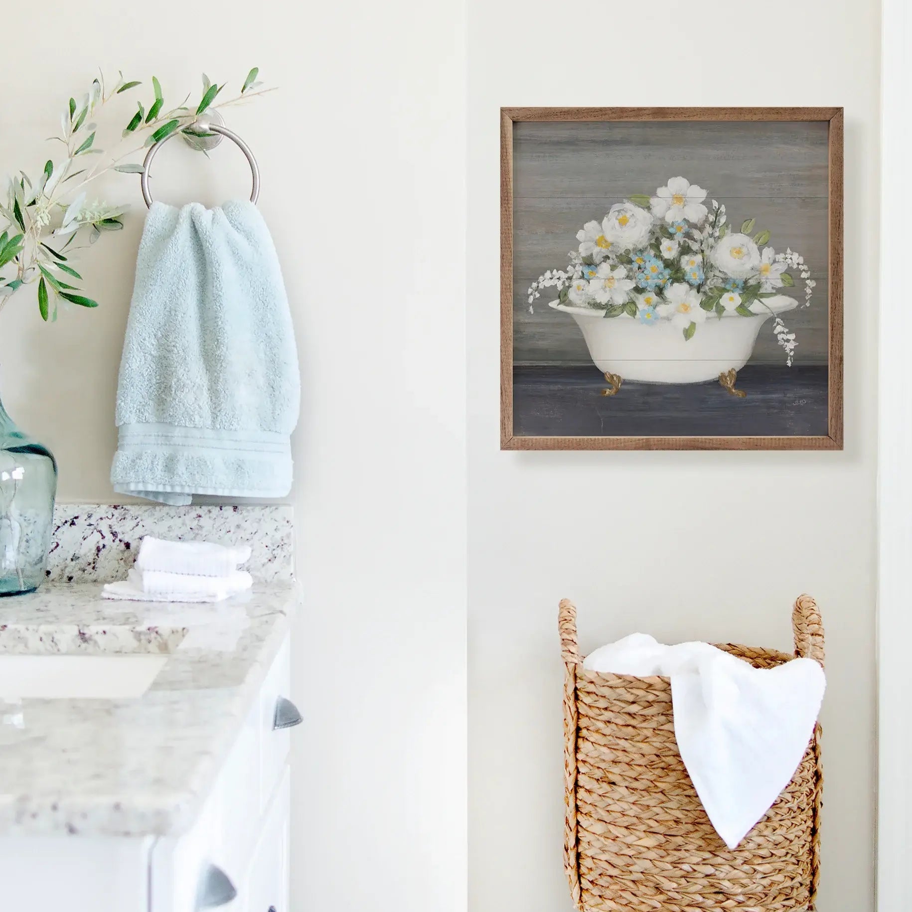 Blooming Bath Wood Framed Print - Floral Bathroom Wall Art Decor for Home, Spa & Hotel | Perfect for Bathroom, Bedroom & Living Room Decor