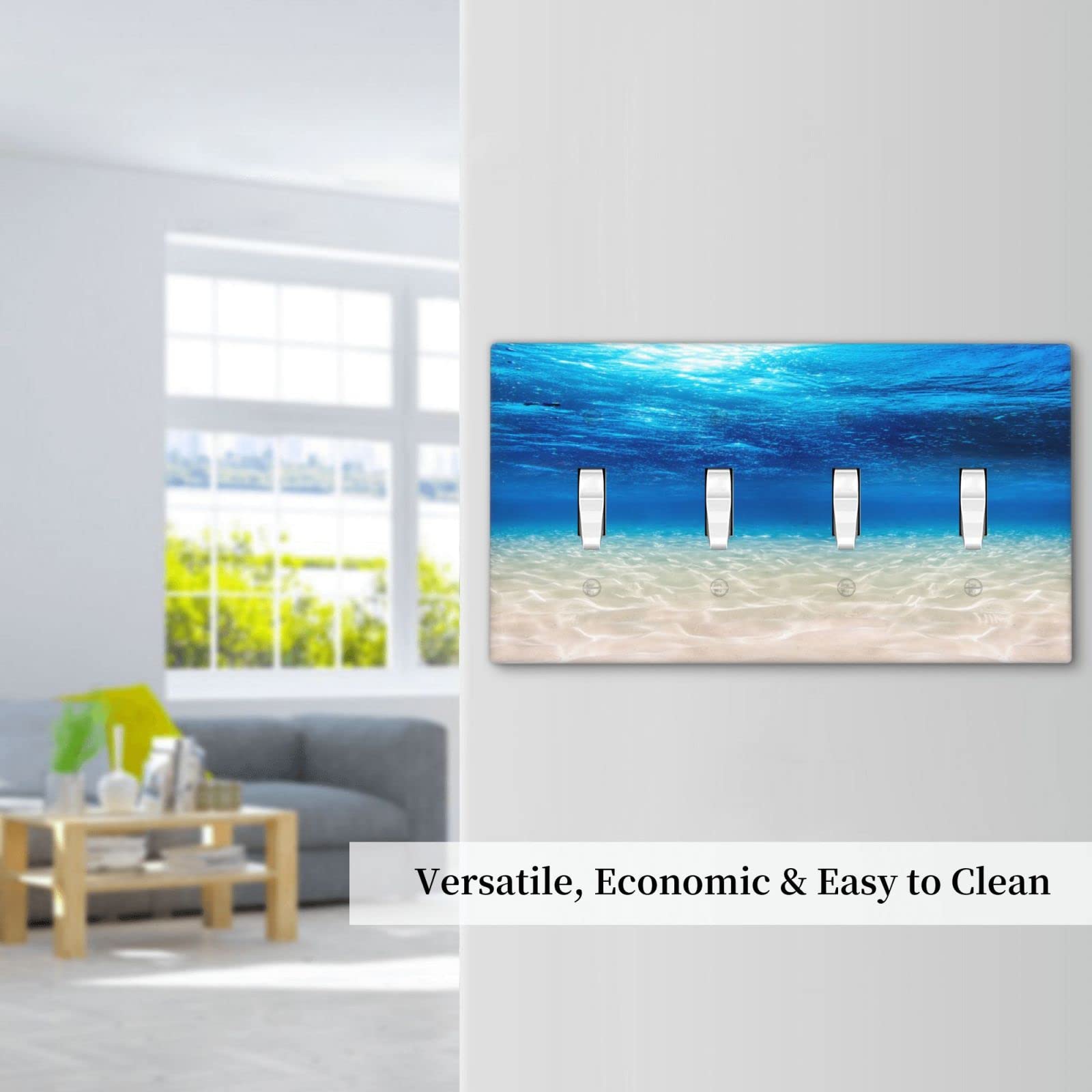 Blue Ocean Sea Themed 4-Gang Toggle Light Switch Cover - Decorative Wall Plate (4.5 x 8 Inches) for Bedroom, Bathroom & Living Room