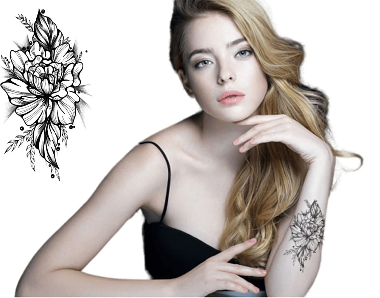 Beautiful Black Temporary Tattoo Stickers for Women - Large Flower with Leaves Design (21x10cm) | Fake Tattoos for Girls | Perfect for Parties, Festivals & Summer Style