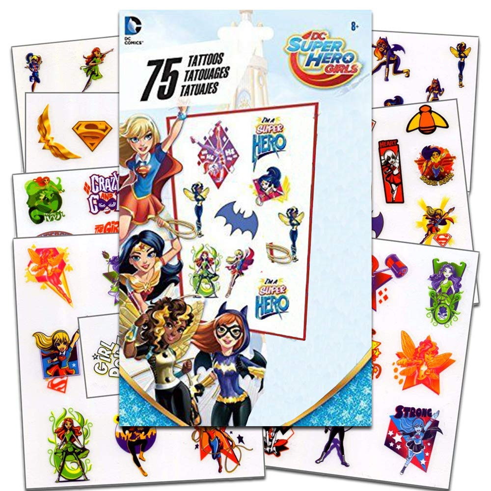 DC Super Hero Girls Temporary Tattoos & Stickers Party Pack - 75 Tattoos + 150 Stickers Set with Supergirl, Batgirl, Wonder Woman | Perfect for Birthday Parties, School Rewards, Goodie Bags & Kids Collectibles