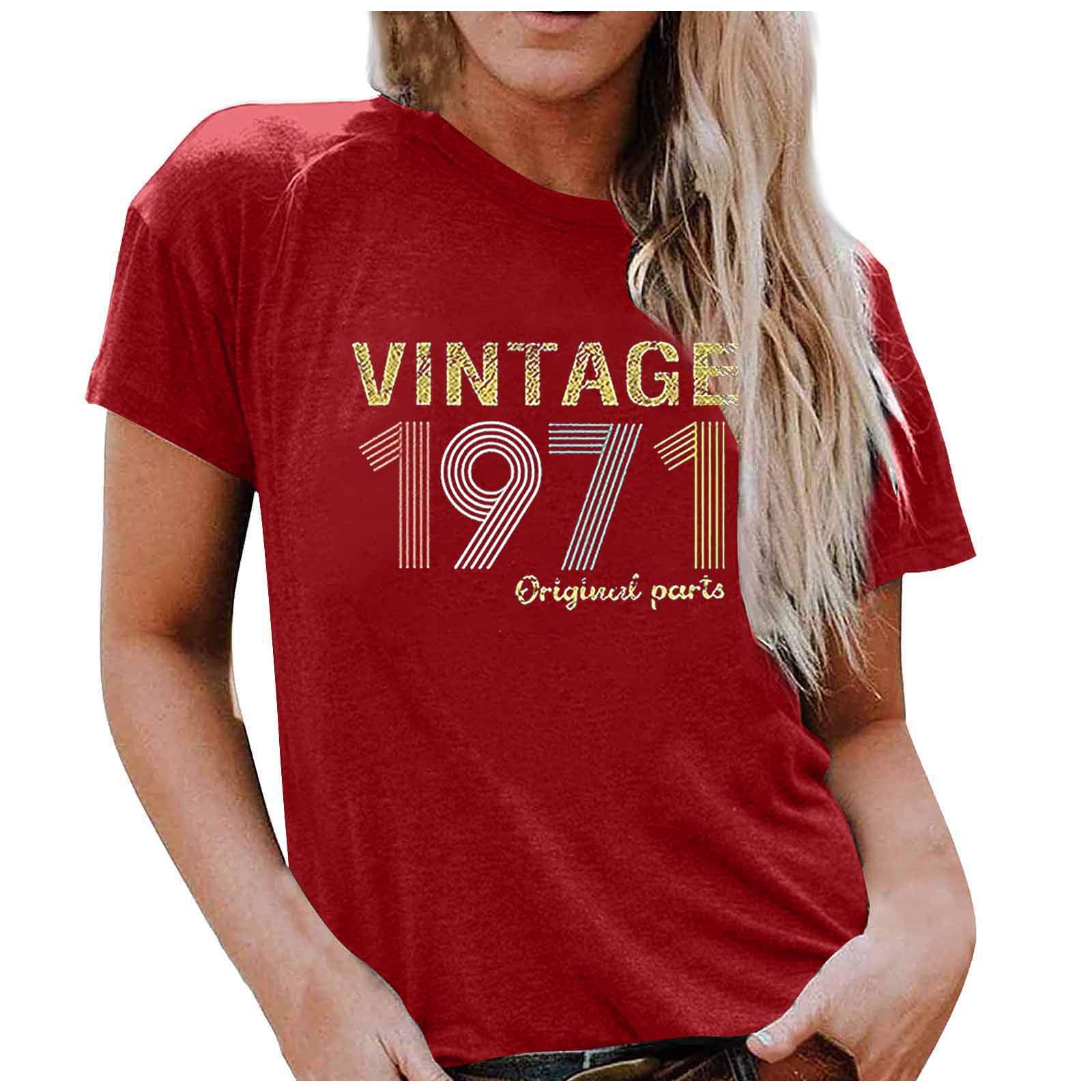 Vintage 1971 Original Parts 50th Birthday Gift T-Shirt for Women - Funny Letter Print Cute Party Top Blouse | Perfect for Birthday Celebrations, Girls Night Out & Special Occasions