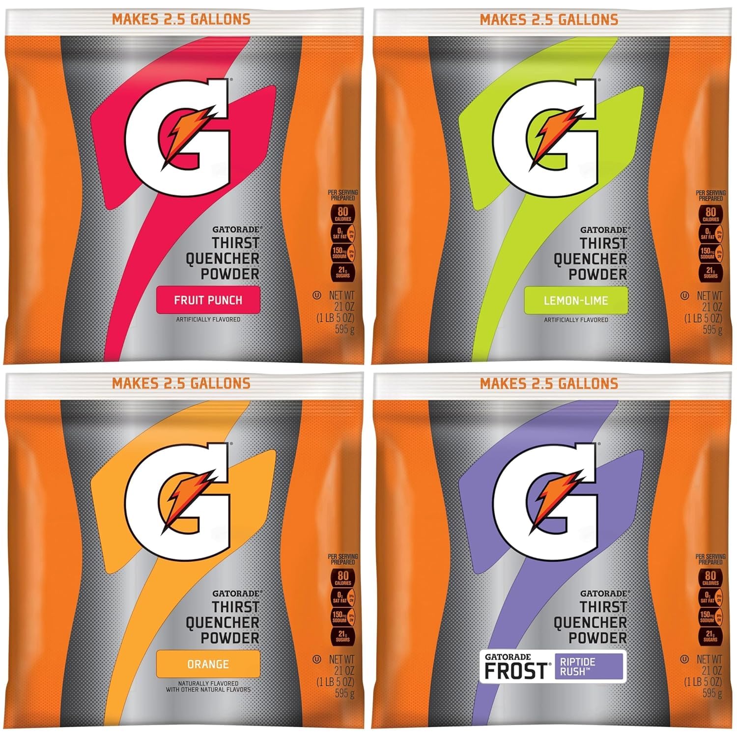 Gatorade Thirst Quencher Powder - 4 Flavor Variety Pack (Lemon Lime, Orange, Fruit Punch, Glacier Freeze) - 21oz Pouches (Pack of 32) - Electrolyte Sports Drink Mix for Hydration & Recovery - Perfect for Workouts, Running, Gym & Outdoor Activities