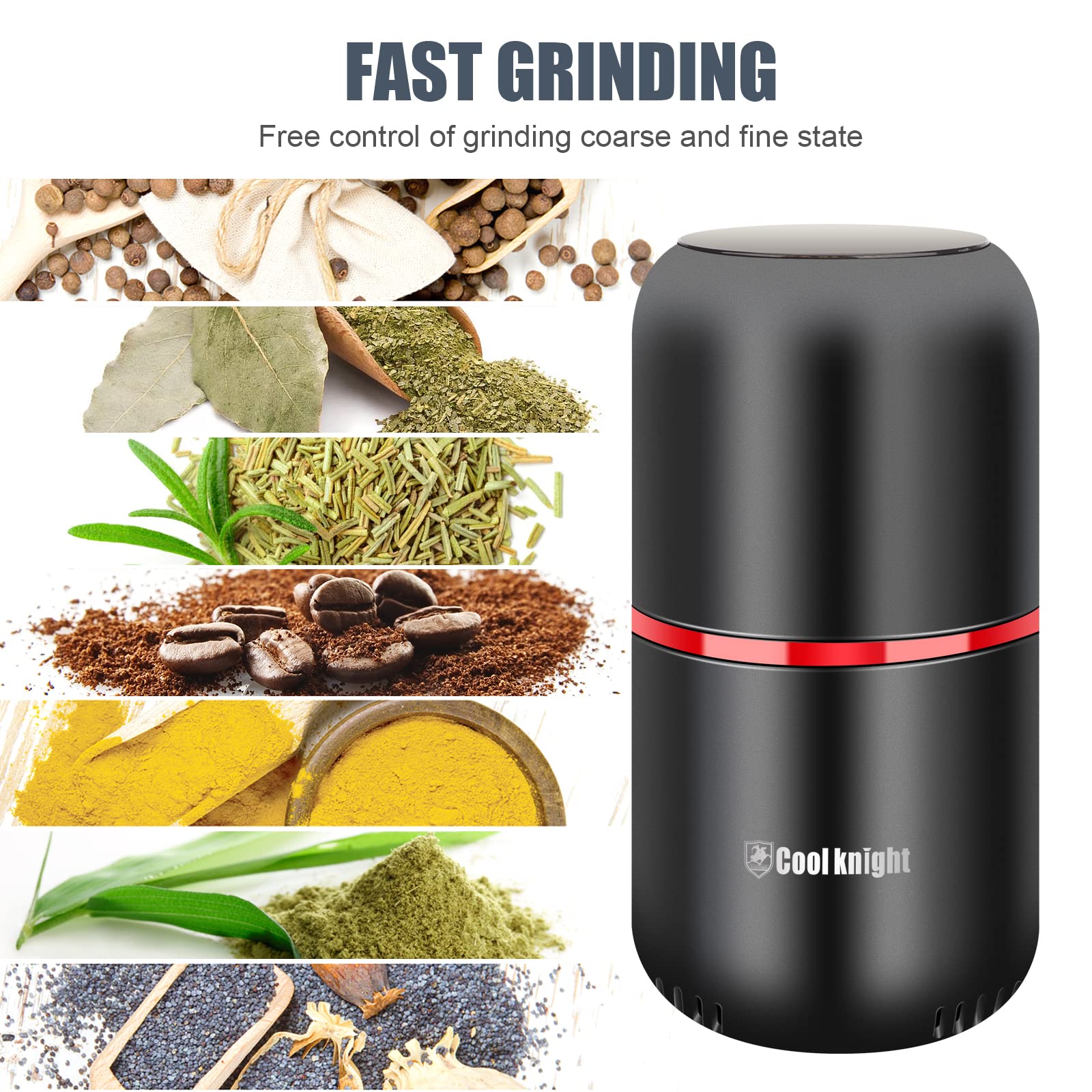 COOL KNIGHT Electric Herb Grinder - Large Capacity Fast Grinding for Spices, Herbs & Coffee with Pollen Catcher - 7.5 Inch Black - Perfect for Kitchen, Camping & Travel Use