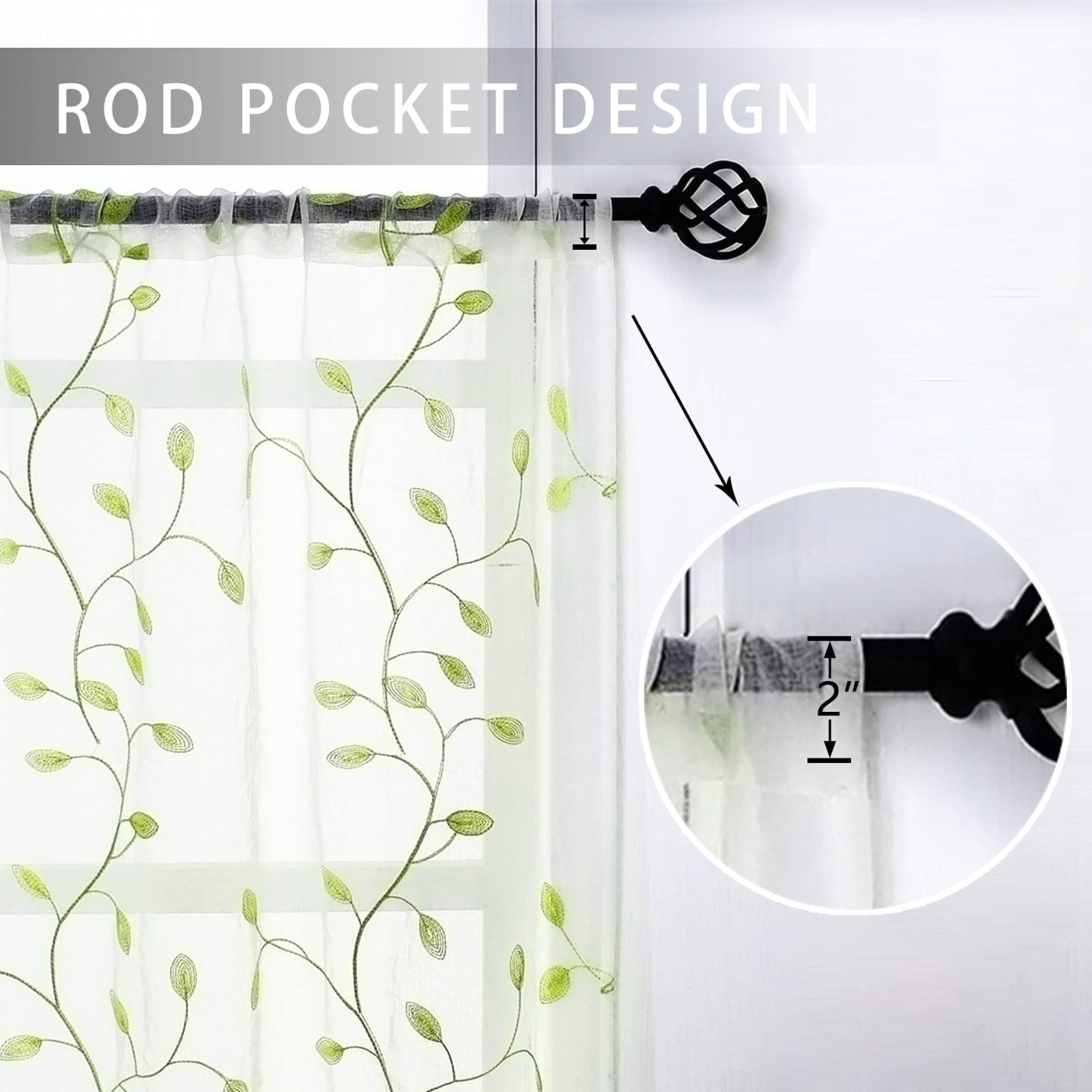 MRTREES Sheer Tier Curtains 30x24 Inches - 2 Panel Set with Leaf Embroidery, Rod Pocket Voile Kitchen & Bathroom Window Treatments for Half Windows | Perfect for Bedroom, Living Room & Dorm Decor (Green Leaves)