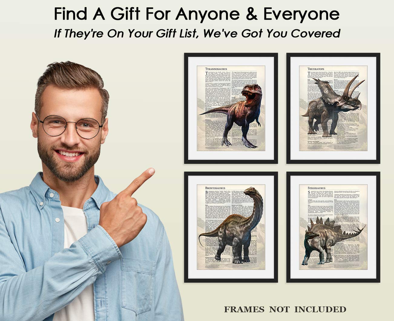 4-Piece Dinosaur Wall Art Set - TRex, Triceratops, Brontosaurus & Stegosaurus 11x14 Posters | Jurassic Themed Room Decor for Kids, Boys, Girls & Teens | Perfect for Bedroom, Playroom & Classroom Decorations