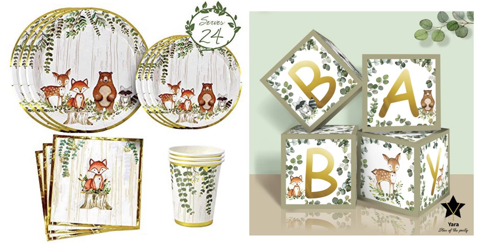 YARA Woodland Plates, Cups & Napkins Set for 24 Guests with Baby Shower Decorations - Perfect for Baby Showers, Birthday Parties & Themed Events