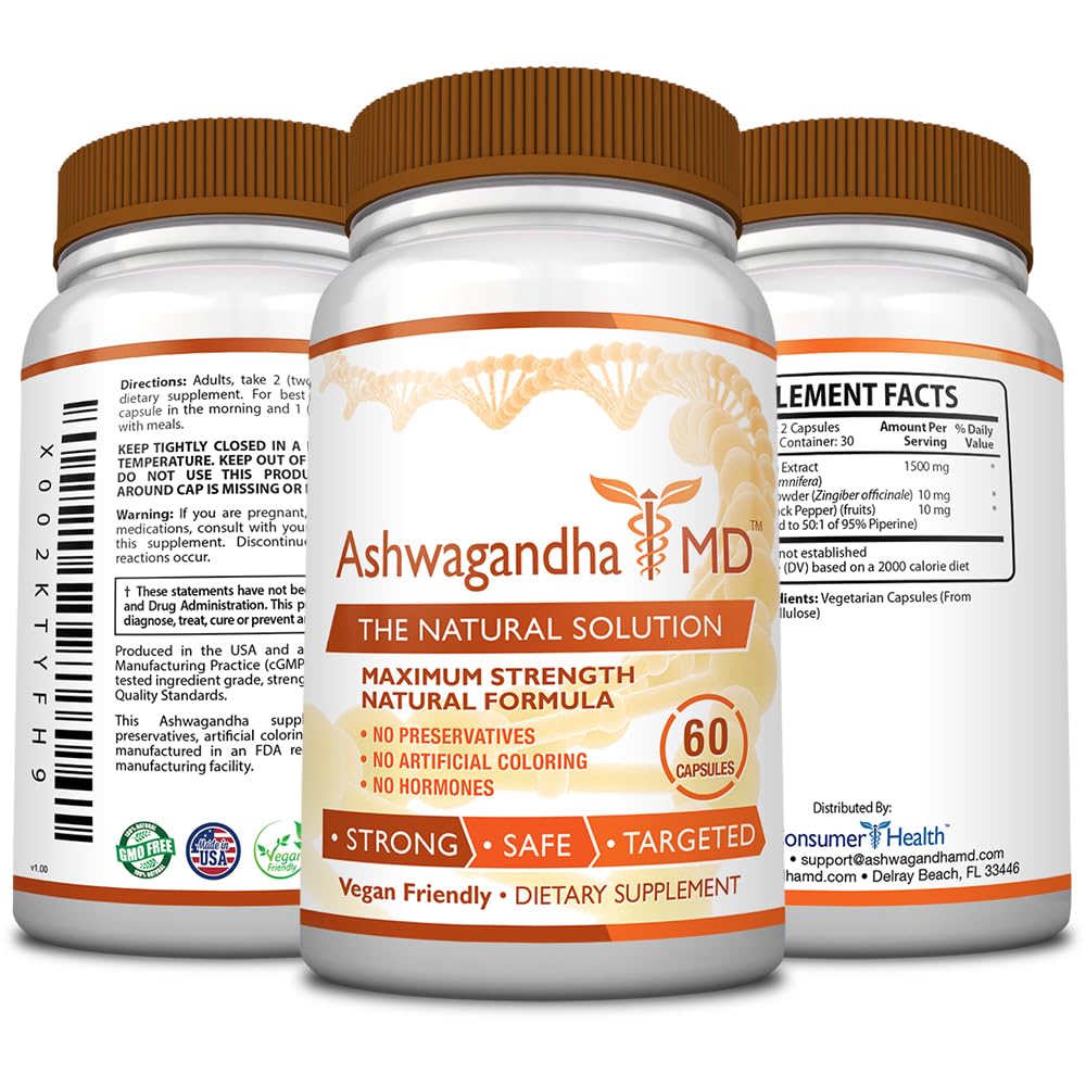 Organic Ashwagandha MD™ with Ginger & Bioperine Supplement - 1500mg per Serving, Stress Relief, Mood Enhancer & Sleep Aid - Vegan Friendly, 60 Capsules (3 Bottles) - Perfect for Daily Wellness & Nighttime Relaxation
