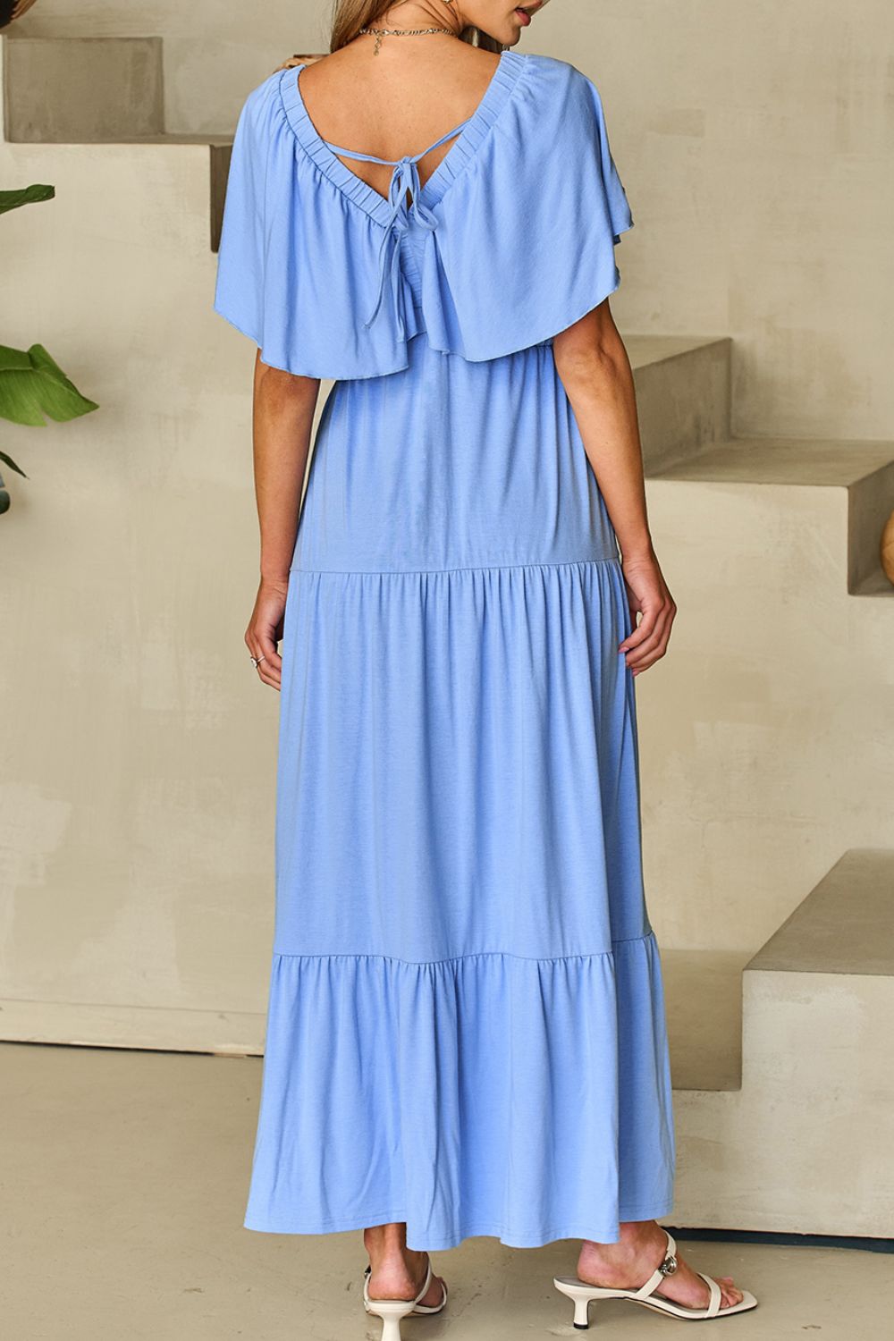 Elegant Blue Ruffled Flutter Sleeve Maxi Dress for Women - Perfect for Beach Vacations, Summer Resorts & Boho Chic Outfits