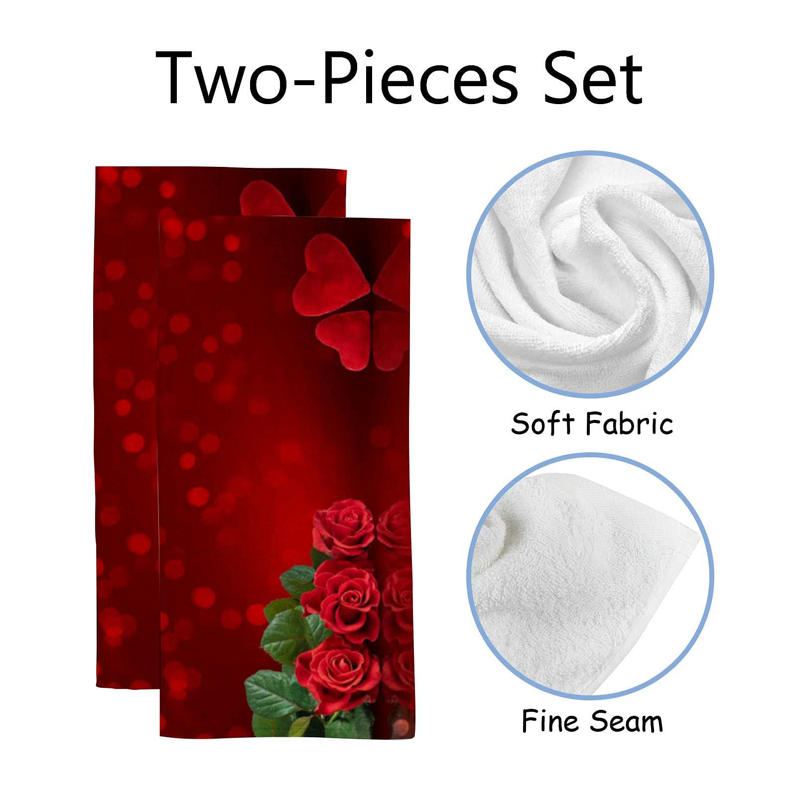 Kuizee Microfiber Hand Towel & Face Towel Set (2-Pack) - Valentine's Day Red Roses Heart Design, Quick-Drying, Highly Absorbent, Ultra Soft - 30x15 Inches for Bathroom, Kitchen & Spa Use