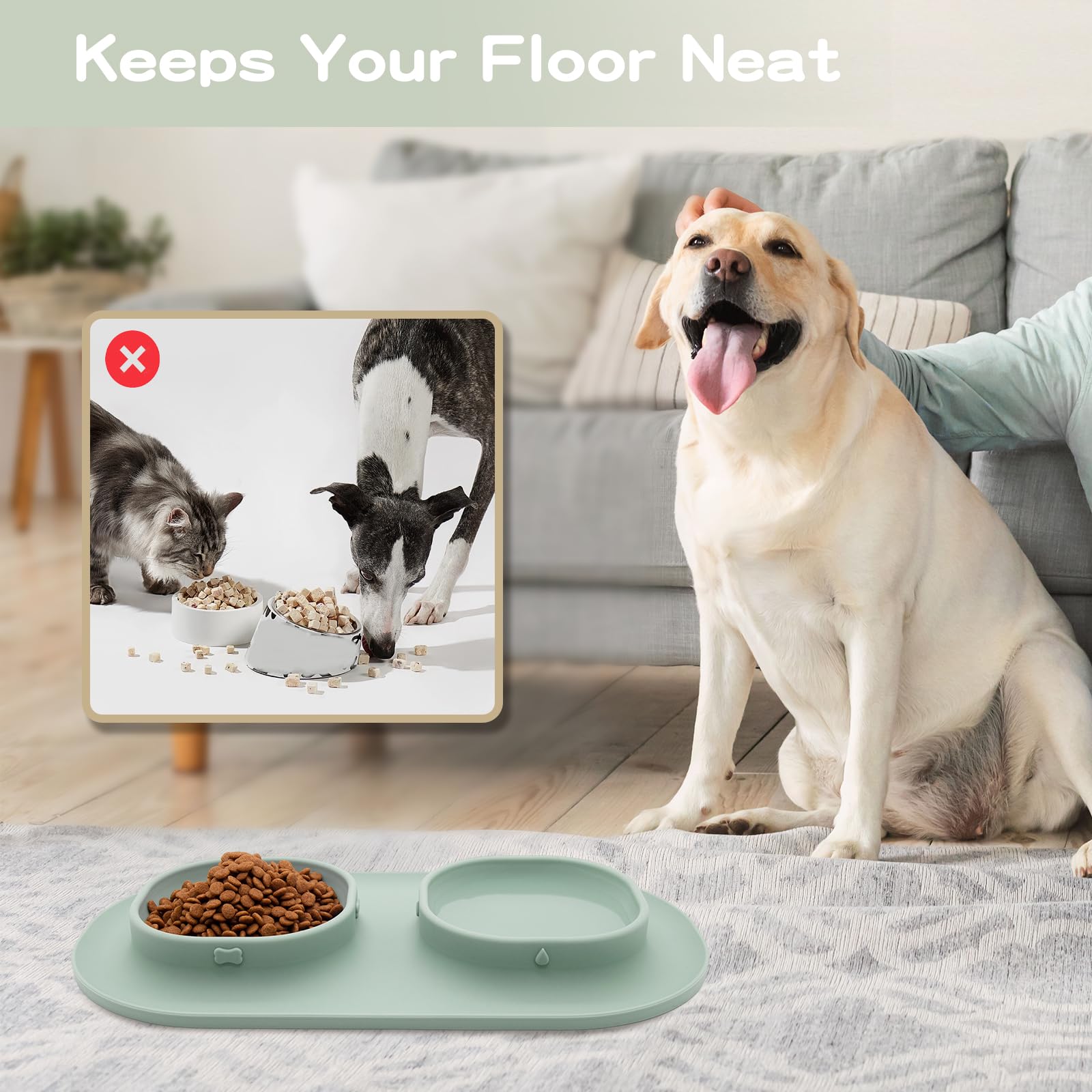 Non-Spill Non-Skid Dog Food & Water Bowls Set with Mat - Perfect for Small, Medium & Large Dogs, Cats & Puppies - Durable Pet Feeder Dishes (Green) - Ideal for Home, Travel & Outdoor Use