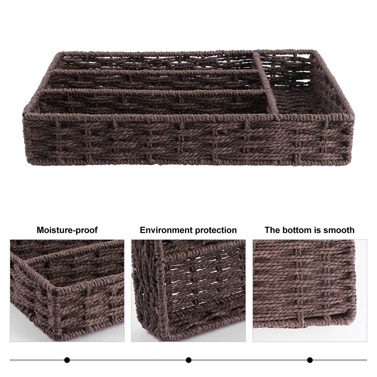 Cabilock Natural Wicker Flatware Basket Organizer with Dividers - Kitchen Utensil Drawer Tray for Cutlery & Serving - Perfect for Dining Room, Kitchen Storage & Entertaining
