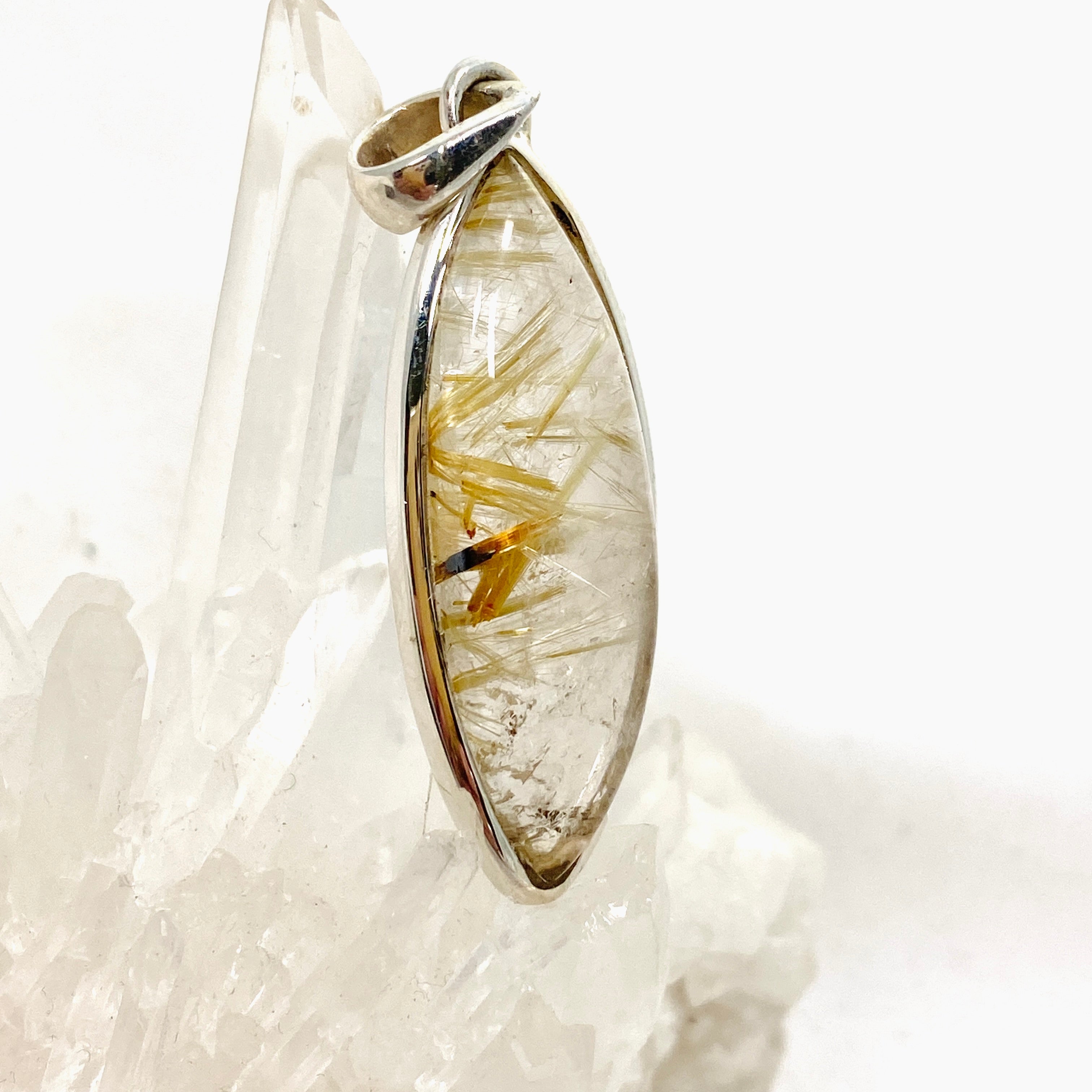 Natural Rutilated Quartz Marquise Cabochon Pendant Necklace - Handmade Jewelry for Women, Spiritual Healing & Energy Balance - Perfect for Meditation, Yoga & Gift Giving