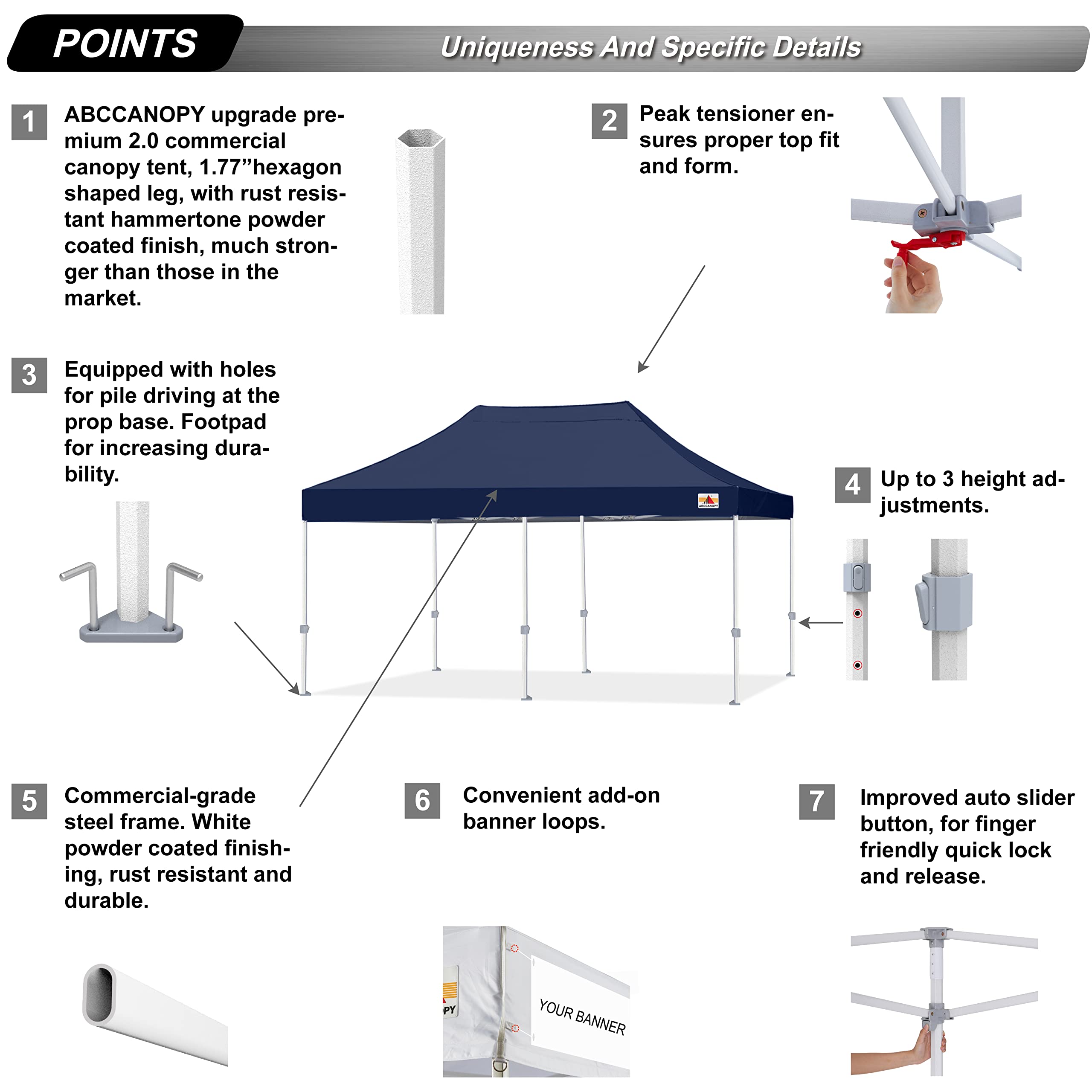 ABCCANOPY 10x20 Commercial Pop Up Canopy Tent - Heavy Duty Premium-Series Instant Shelter with Navy Blue Waterproof Cover - Perfect for Outdoor Events, Farmers Markets, Trade Shows & Backyard Parties