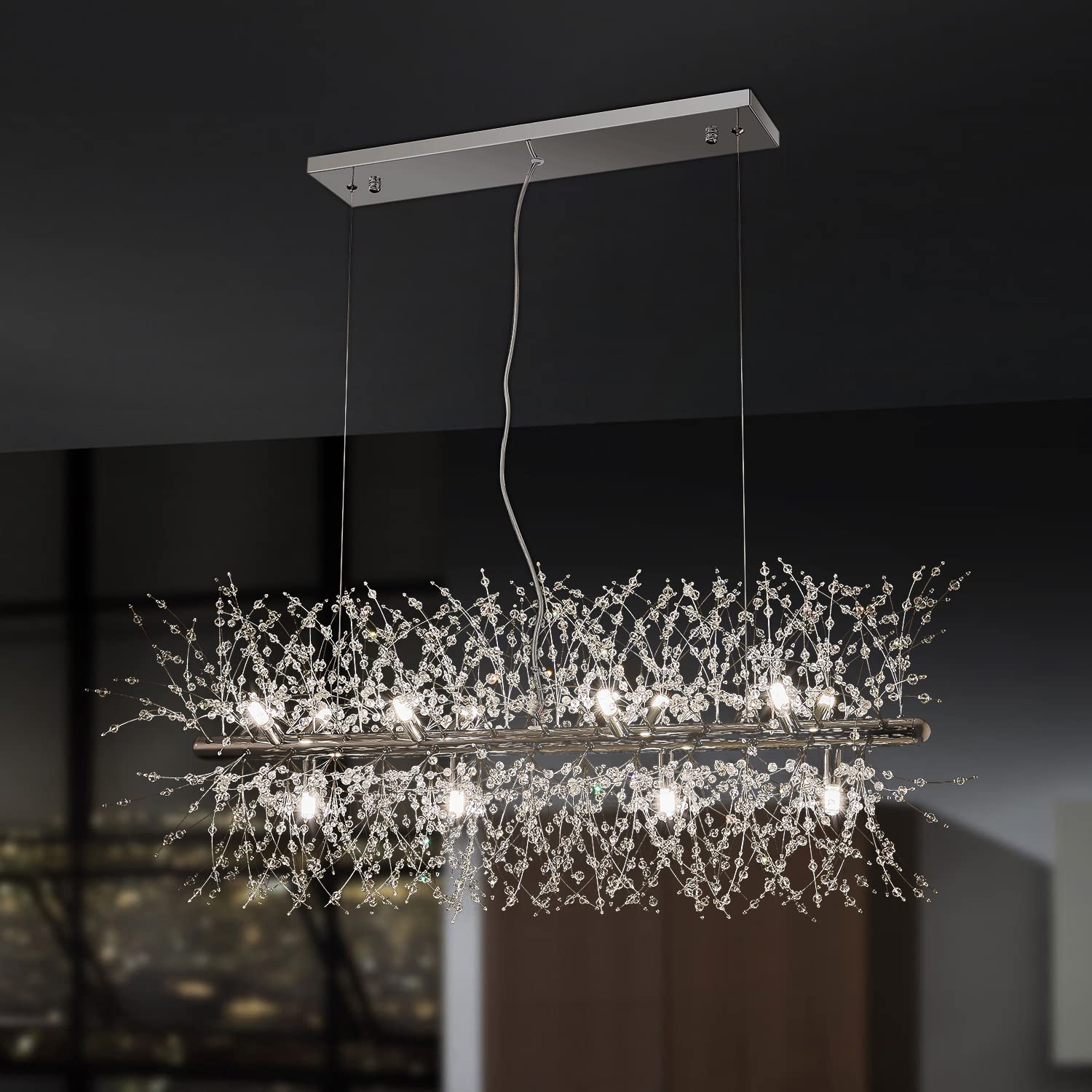 Modern Crystal Firework Chandelier - 12-Light LED Linear Dandelion Pendant Light Fixture in Chrome (35.5