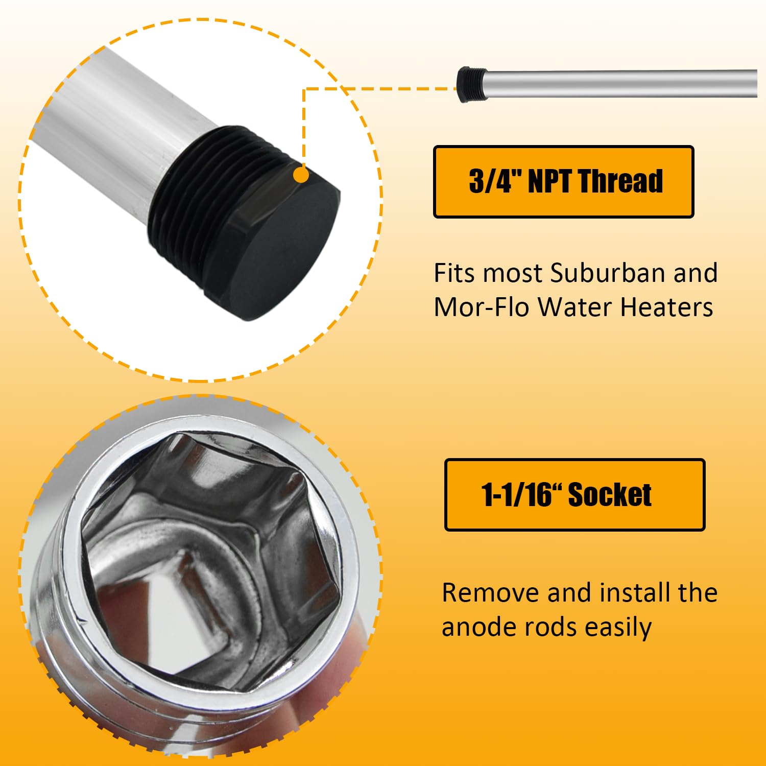 6 Pack RV Water Heater Anode Rod Kit with Flush Wand & Hex Wrench - 2Pcs 9.25