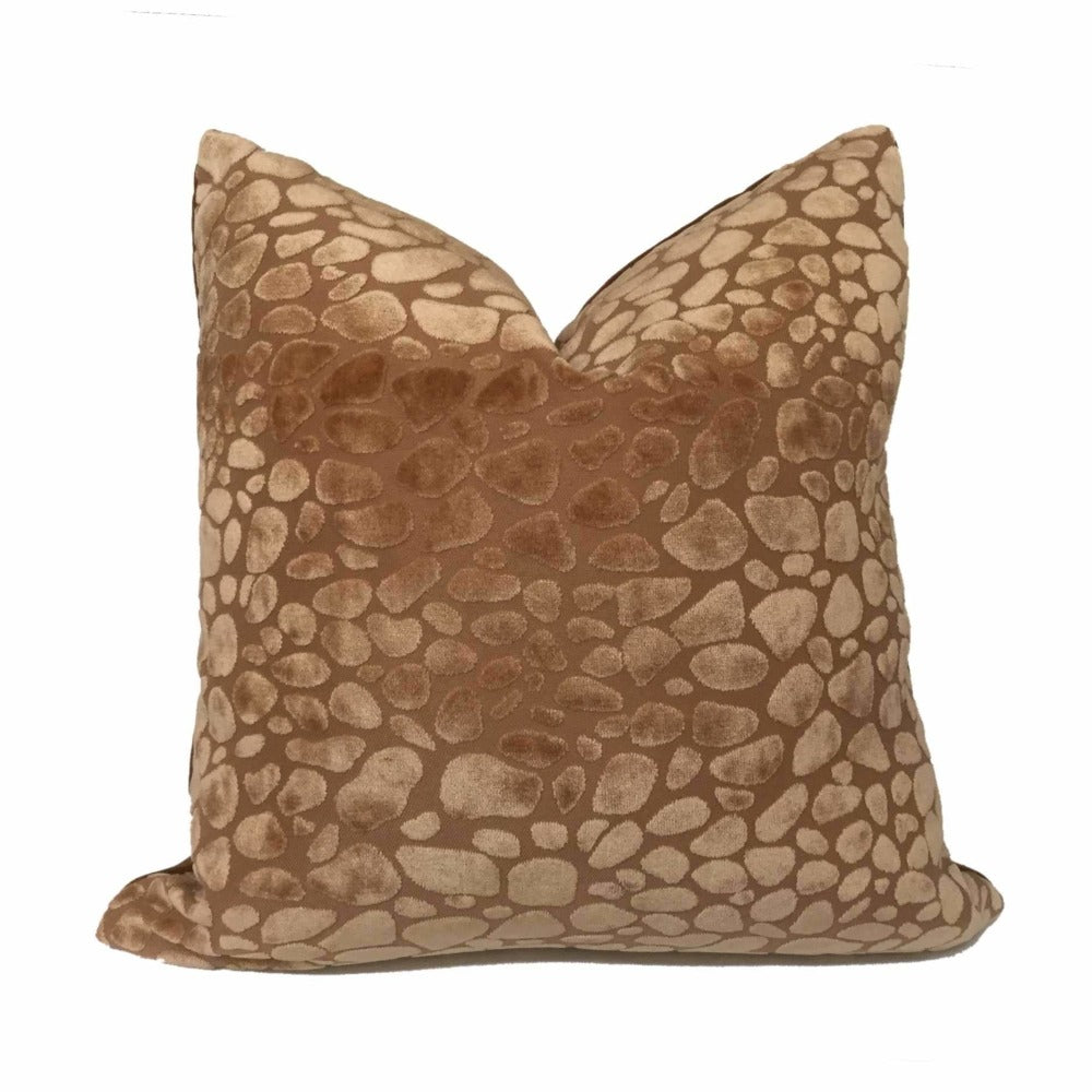 Modern Animal Print Velvet Pillow Cover - Malindi Adobe Tan Pebble Spot Design for Sofa, Bed & Home Decor