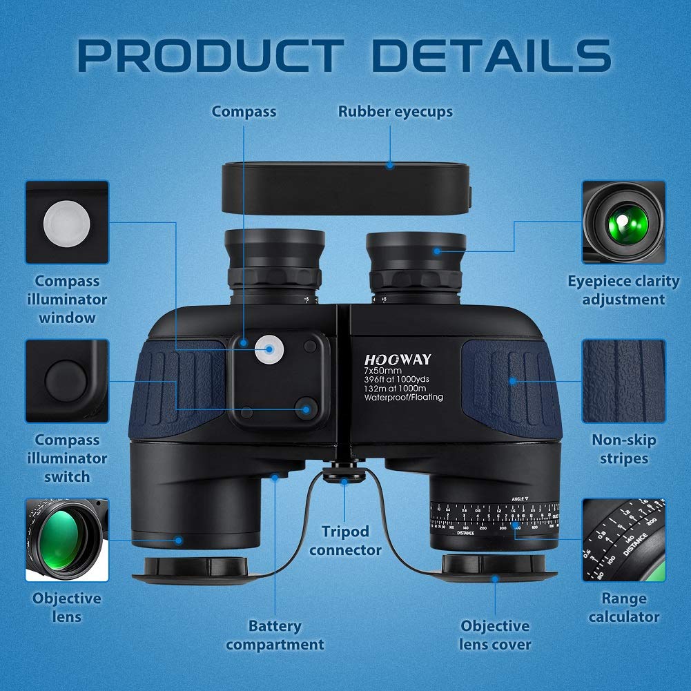 Hooway 7x50 Waterproof Fogproof Military Marine Binoculars with Internal Rangefinder & Compass - Perfect for Navigation, Boating, Bird Watching, Hunting & Outdoor Adventures (Blue)