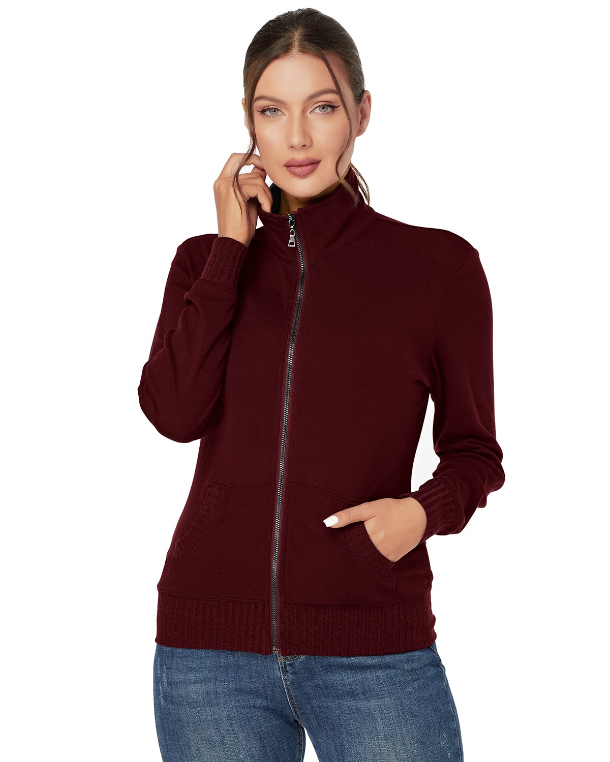 J.Corrine Women's Stand Collar Zip Up Sweatshirt Jacket - Long Sleeve Running Track Coat with Pockets - Navy Blue - Perfect for Jogging, Gym Workouts & Casual Outfits