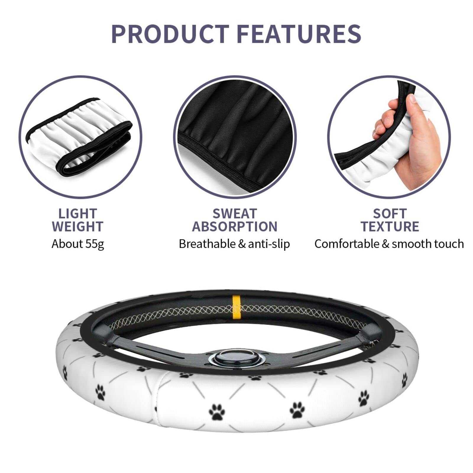 Black Cat Paw Print Steering Wheel Cover - Universal 15 Inch Neoprene Car Wheel Protector - Cute Automotive Accessories for Safe Driving & Pet Lovers