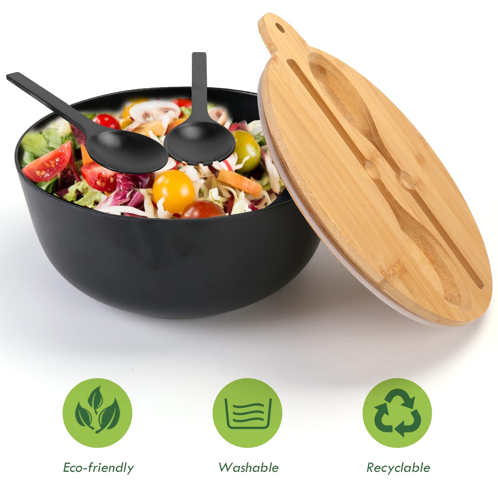 ShineMe 125oz Black Large Salad Bowl with Lid - Bamboo Fiber Airtight Mixing Bowl Set with Utensils for Kitchen, Storing, Serving & Travel | Perfect for Meal Prep, Picnics, Camping & Outdoor Dining