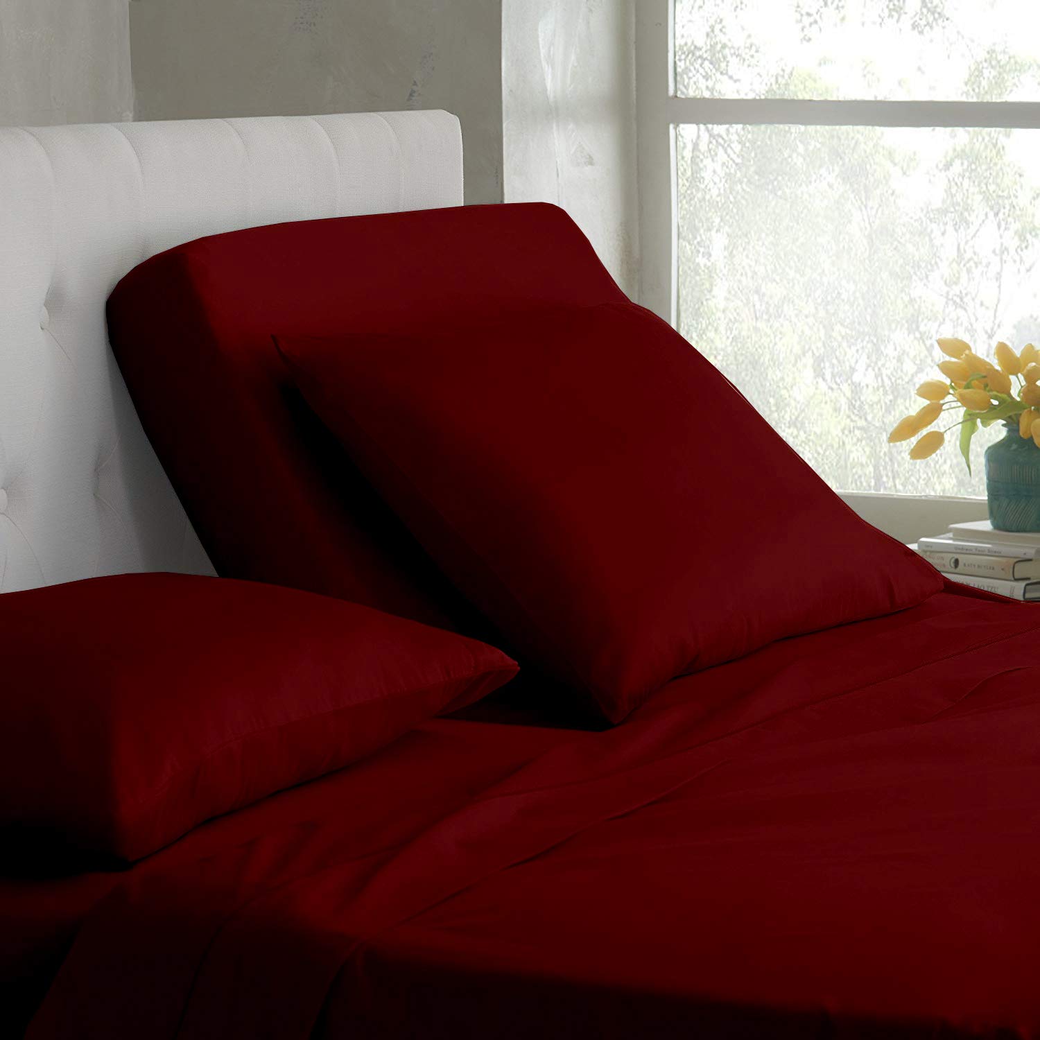 Premium Split King Sheet Set for Adjustable Beds & Sleep Number - 100% Cotton Split Head Flex Sheet Set - 12 Inch Deep Pocket Split Head King Sheets (Burgundy) - Perfect for Adjustable Beds, Sleep Number Mattresses & Luxury Bedroom Decor