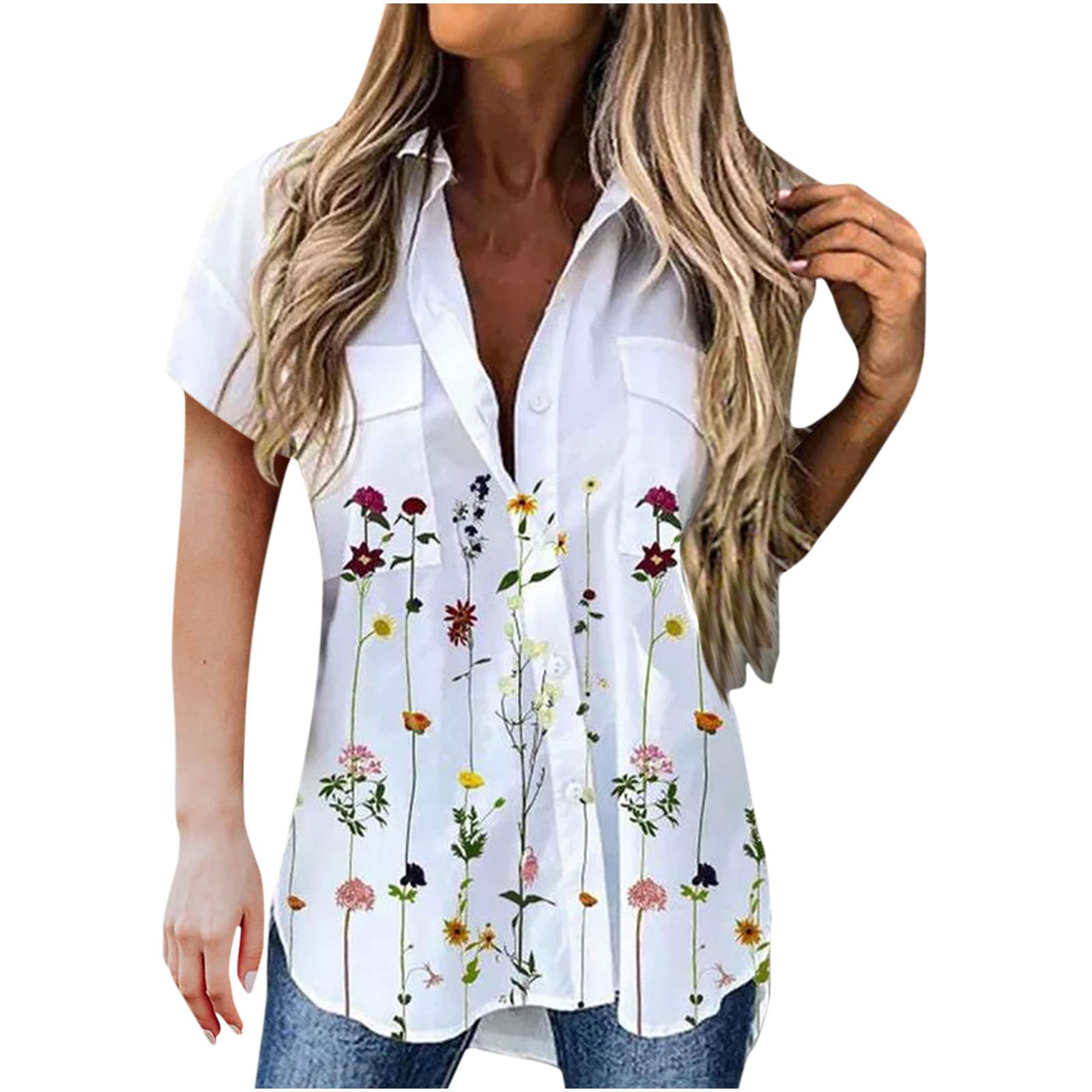 Women's Floral Print Short Sleeve Button Down Shirt - V Neck Lapel Casual Blouse with Pockets | Perfect for Summer Outfits, Office Wear & Casual Dates