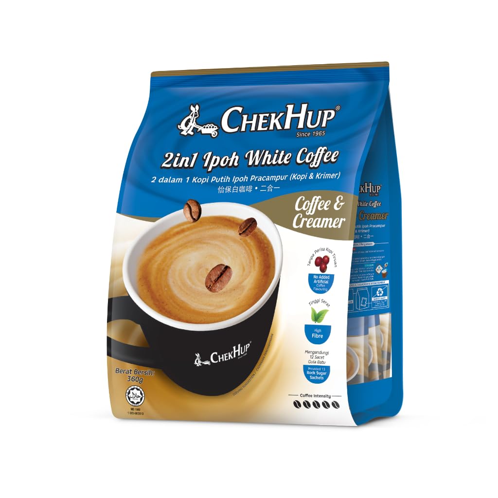 Chek Hup 2-in-1 Ipoh White Coffee with Creamer - 12 Sachets (30 Pack) - Premium Malaysian Instant Coffee for Home, Office & Travel