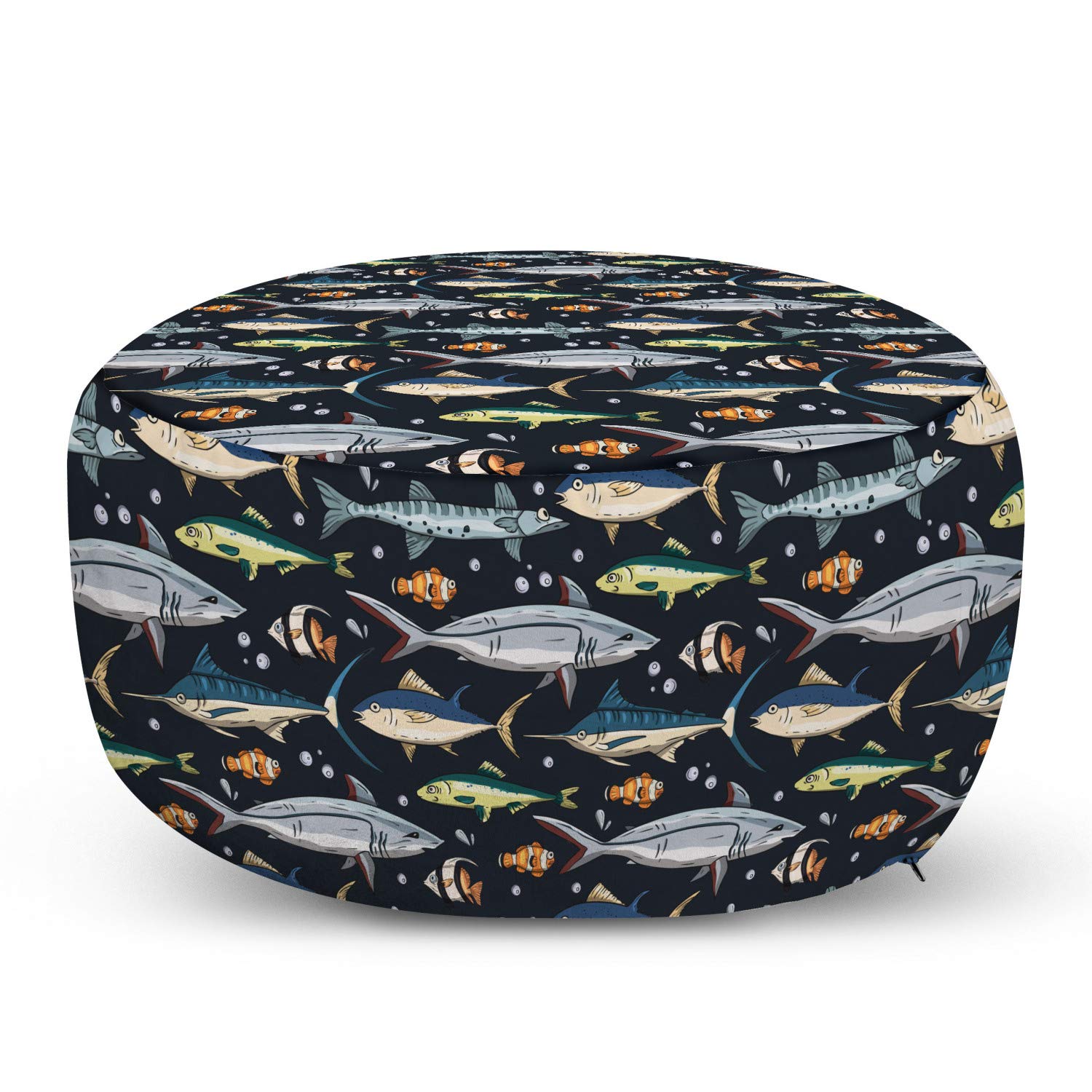 Ambesonne Nautical Ottoman Pouf - Ocean Fish & Bubble Pattern Decorative Foot Rest with Removable Cover - Soft Living Room & Bedroom Accent Furniture - Perfect for Coastal Decor, Reading Nooks & Lounge Areas