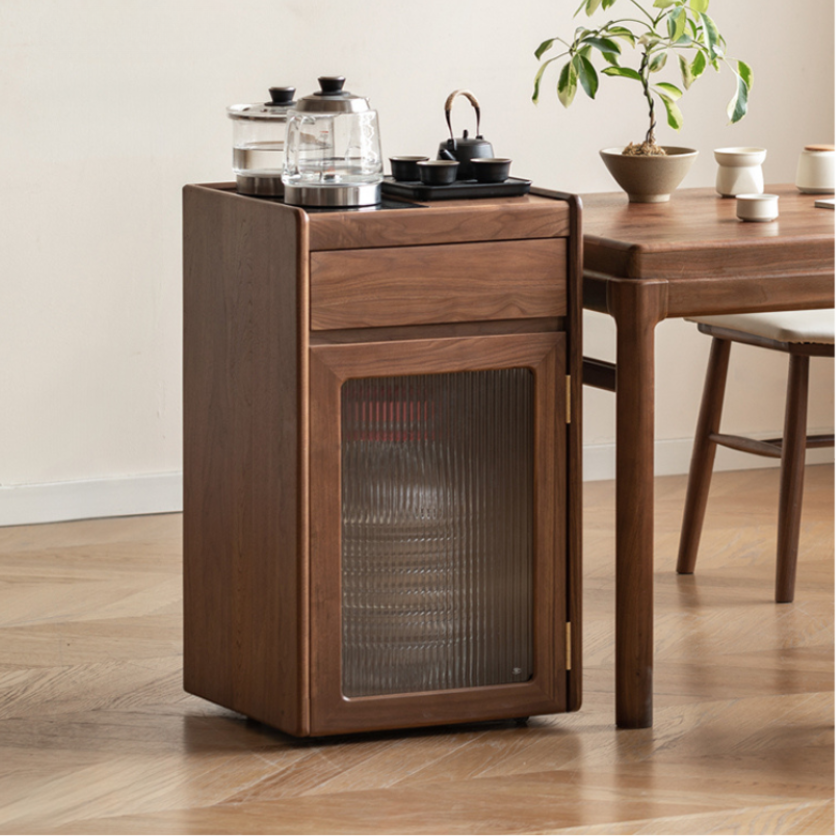 Solid Oak & Black Walnut Tea Cabinet with Kettle Holder - Rustic Wood Side Table for Living Room, Kitchen, or Office Storage