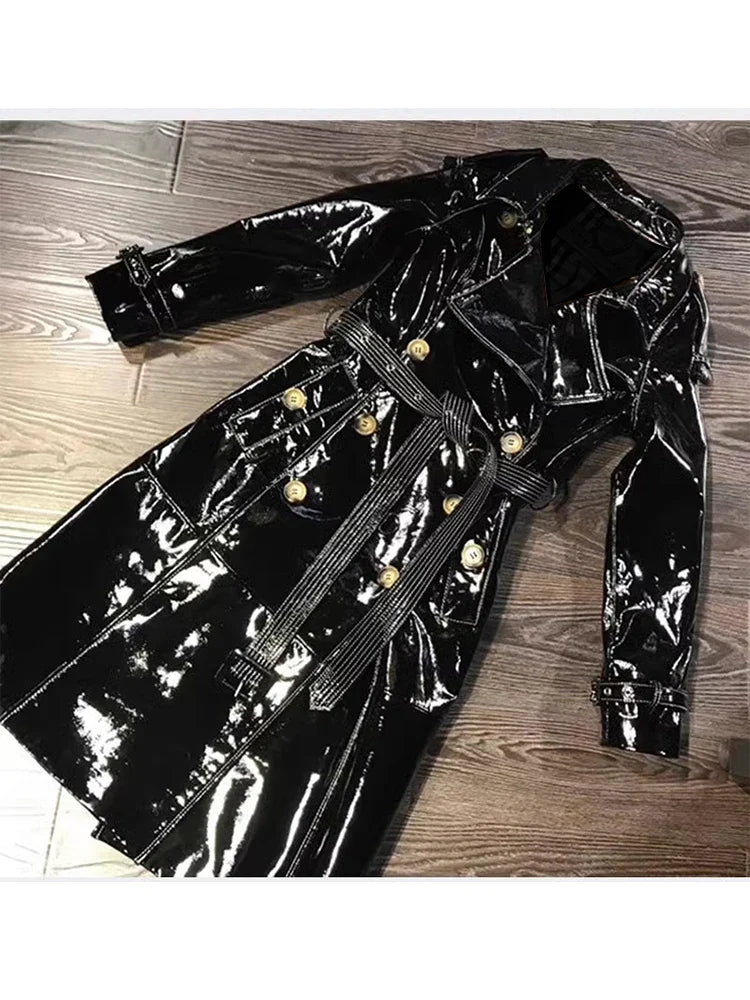 Women's Autumn Long Shiny Reflective Patent Faux Leather Trench Coat - Double Breasted Runway Style with Sashes | European Fashion Outerwear for Fall Season | Perfect for Evening Events, Parties and Fashion Shows
