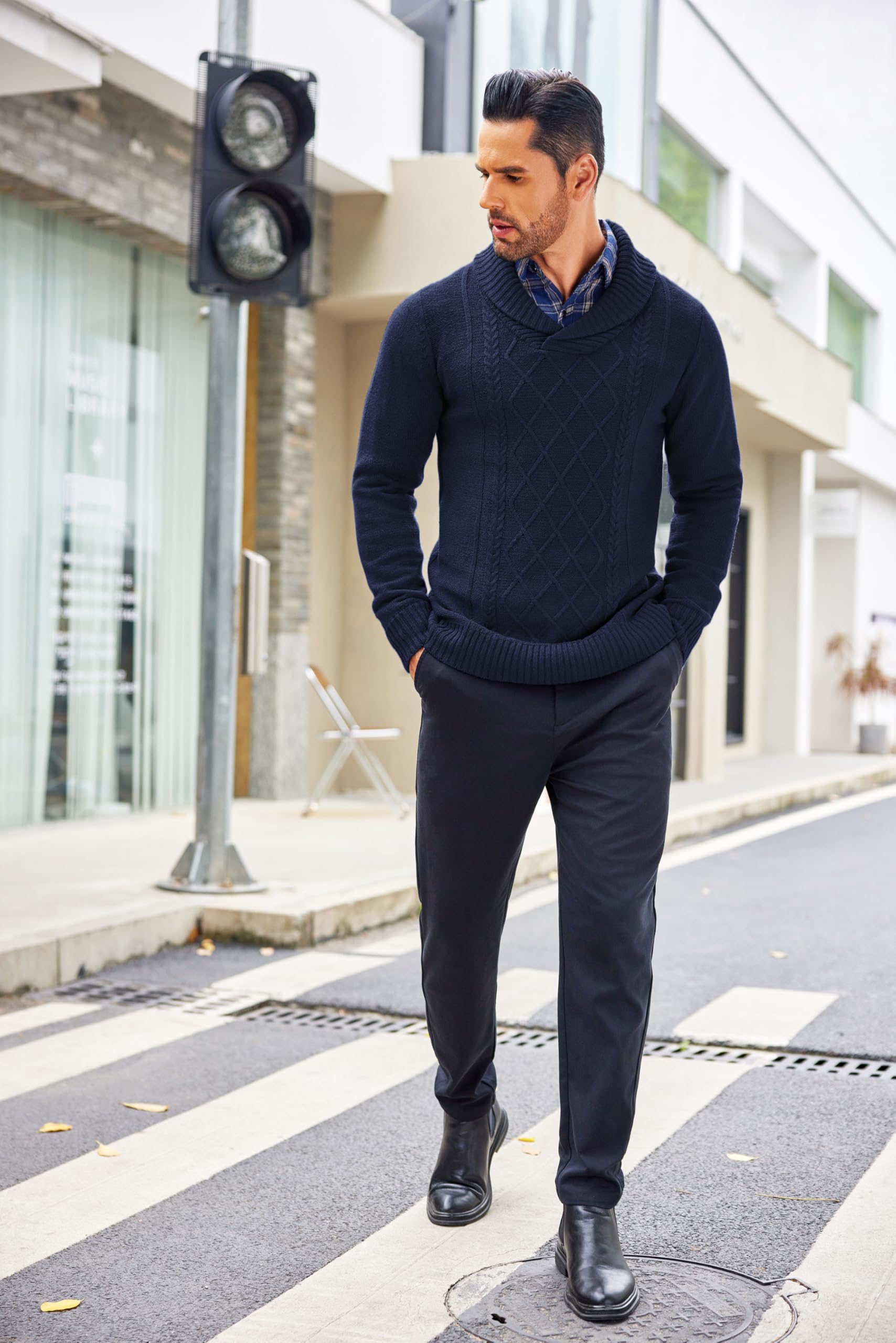 COOFANDY Men's Shawl Collar Sweater V-Neck Cable Knit Pullover - Casual Winter Warm Wool Blend Sweater for Office, Date Night & Holiday Outfits