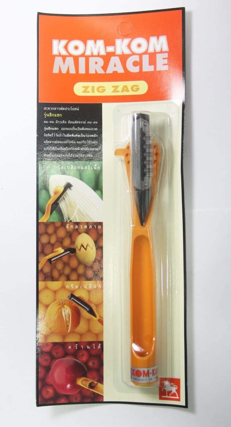 Kom Kom Miracle Zig Zag Julienne Blade - Thai Multi-Purpose Knife with Free Carving Knife | Perfect for Asian Cuisine, Vegetable Garnishing & Fruit Carving