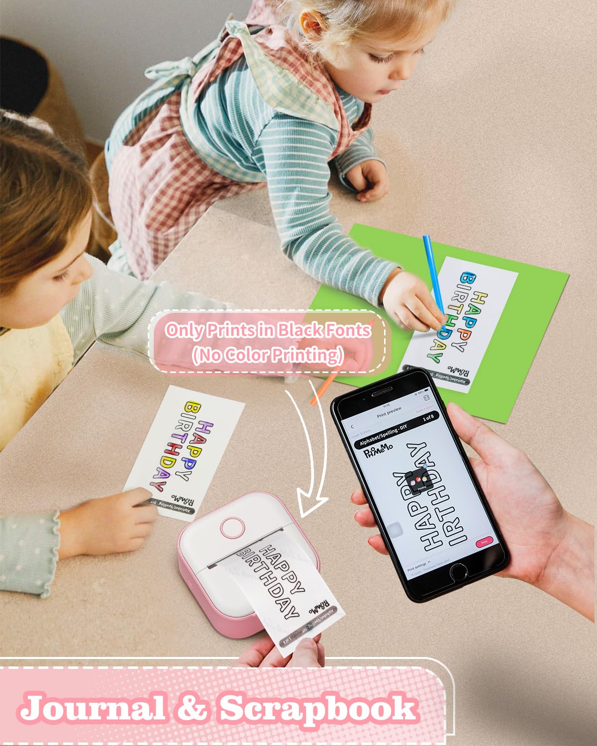 Memoking Mini Sticker Printer - T02 Portable Wireless Thermal Printer for iPhone & Android, Compact Bluetooth Receipt Printer with 3 Rolls Paper & Hard Storage Case (Pink) - Perfect for Small Business, Home Labeling, DIY Crafts & Gift Wrapping