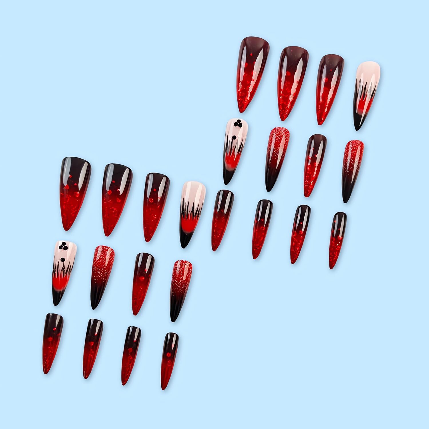 Long Stiletto Press on Nails - Black Red Gradient with Diamond Glitter | Glossy Full Cover Fake Nails | French Acrylic False Nail Tips | Cute Stick on Nails for Women | Perfect for Parties, Weddings & Special Occasions