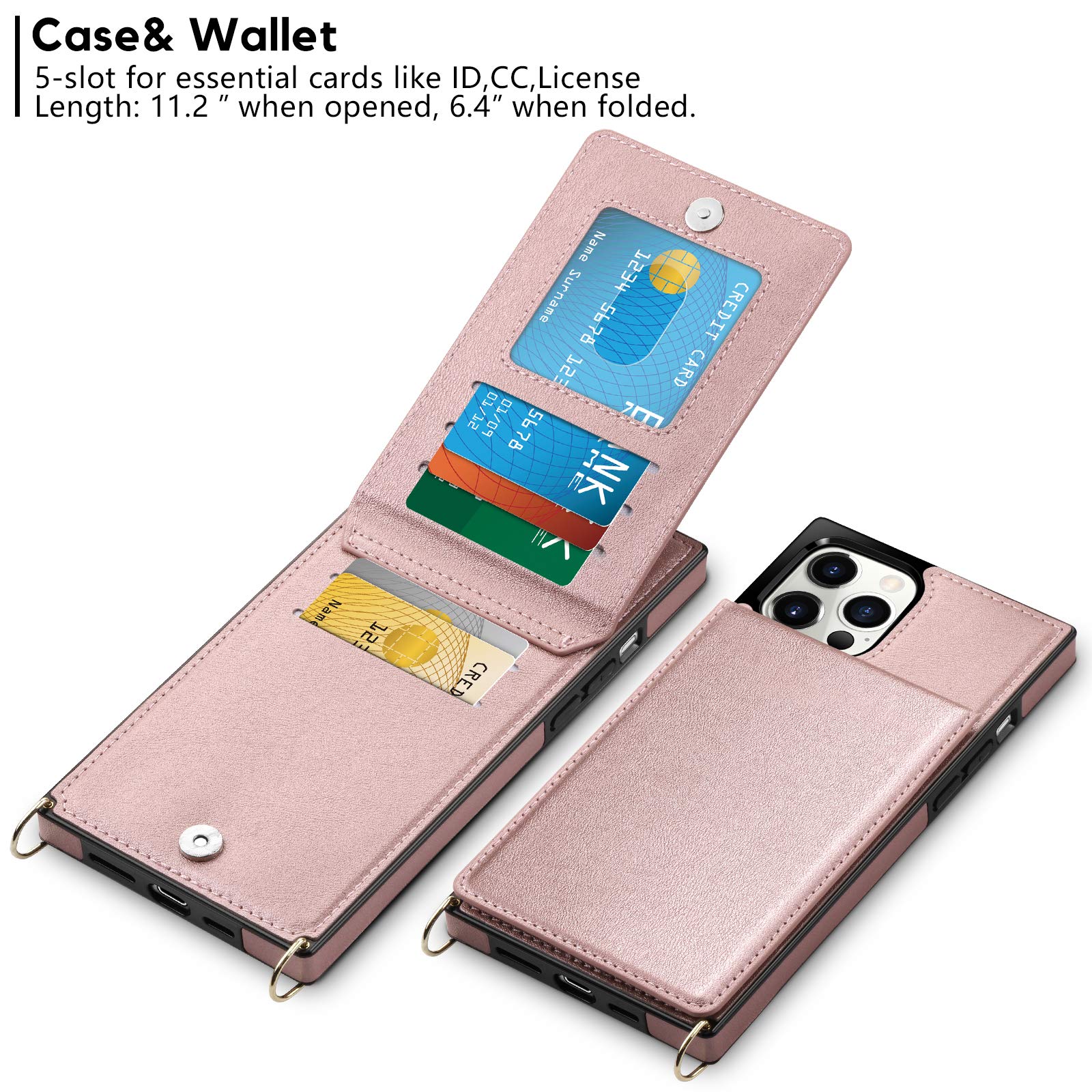 Vofolen Premium Leather Wallet Case for iPhone 12 Pro Max - Magnetic Flip Folio with Card Holder, Crossbody Lanyard & Heavy Duty Protection - Women's Rose Gold Design (Perfect for Travel, Work & Everyday Use)