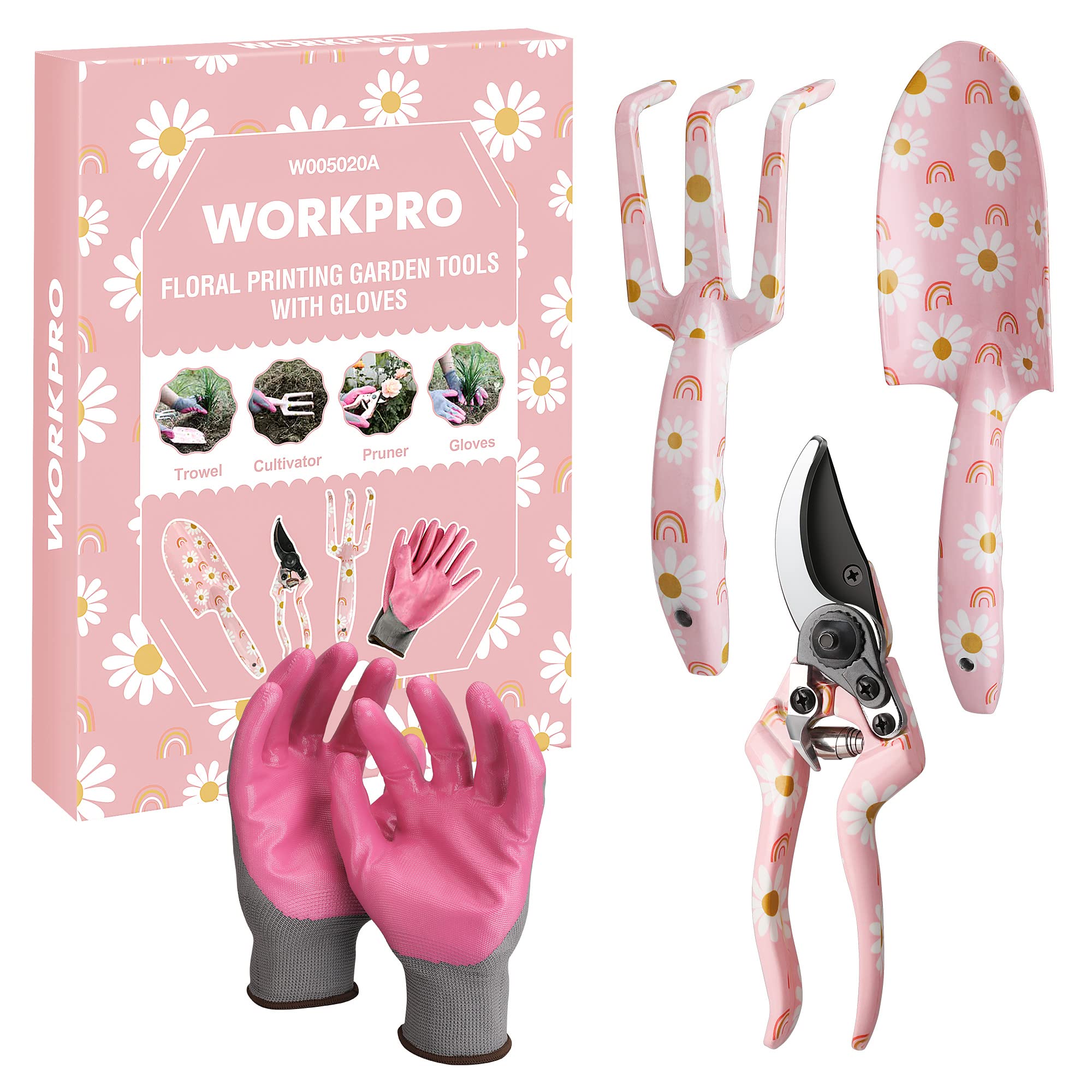 WORKPRO 4-Piece Heavy Duty Aluminum Garden Tool Set with Trowel, Rake, Pruner & Gloves - Pink Gardening Gift Set for Women, Ideal for Planting, Weeding & Landscaping in Backyard or Flower Beds