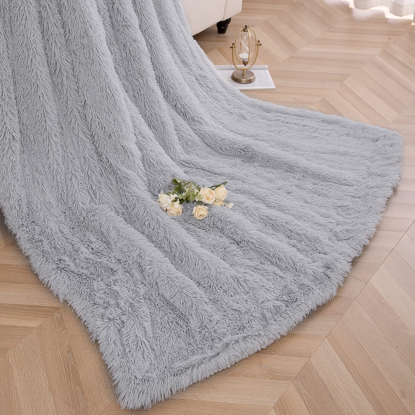 Faux Fur Throw Blanket 50x60 Inches - Ultra Soft Lightweight Shaggy Plush Blanket for Couch, Bed, Chair - Warm Cozy Decorative Fluffy Blanket in Light Grey - Perfect for Living Room, Bedroom & Winter Snuggling