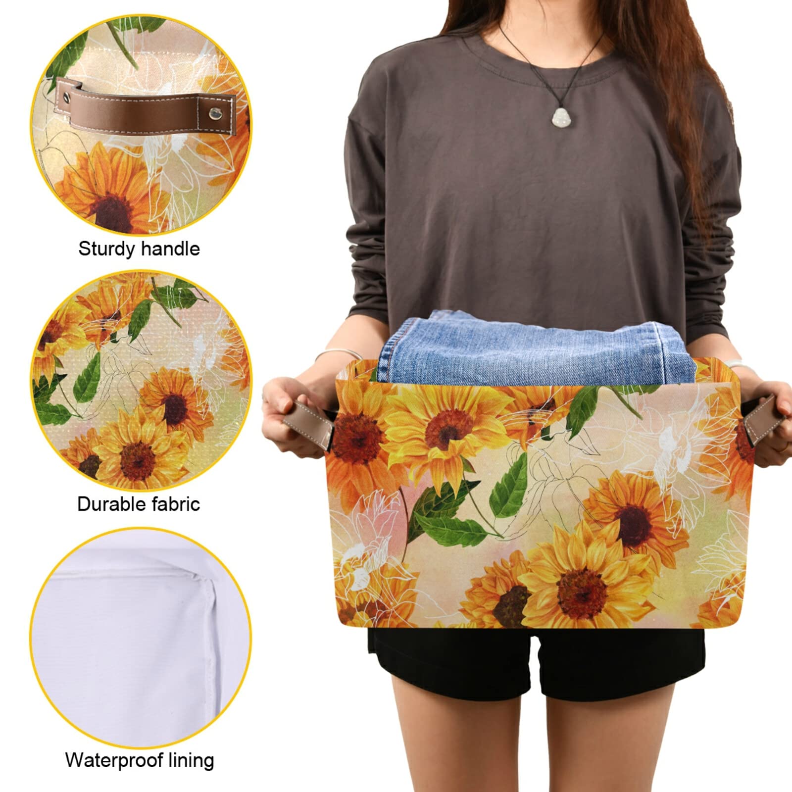 **AUUXVA Collapsible Canvas Storage Bins with Handles - 2 Pack Large Sunflower Flower Painting Cube Box for Toys, Clothes, Home, Office, Bedroom & Closet Organization | Perfect for Shelves, Under Bed & Kids Room Storage**