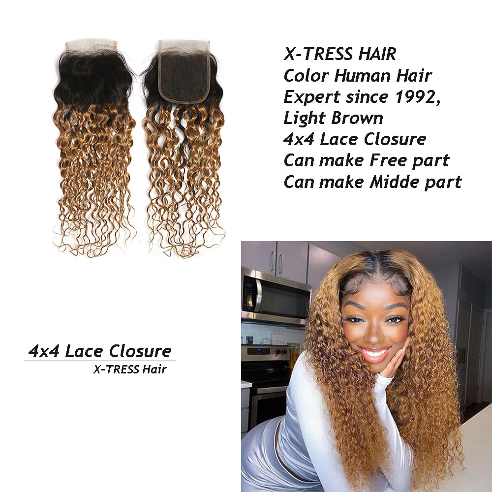 X-TRESS 14 Inch 4x4 Lace Closure Ombre Wet & Wavy Brazilian Curly Remy Human Hair Bundles with Dark Roots & Blonde Tips - Perfect for Protective Styles, Weaves & Natural-Looking Hair Extensions